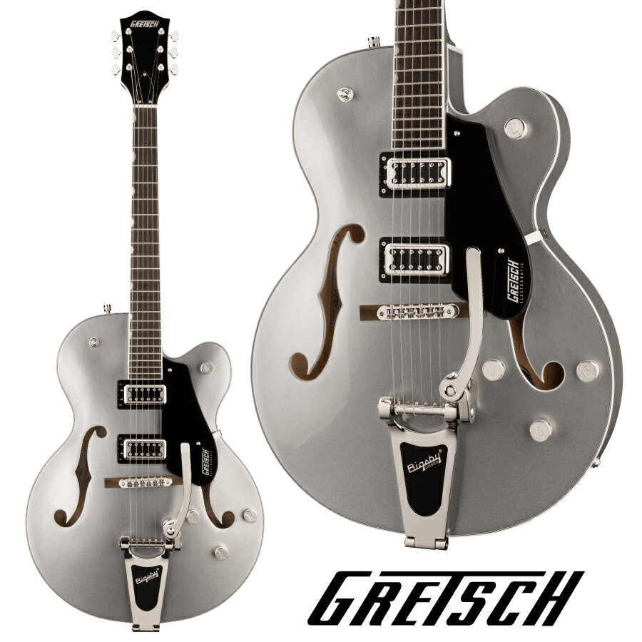 クラシックな'50年代や60年代のGretschサウンドとスタイルにインスパイアを受けた、全く新しいElectromatic Classic Hollow Bodyギターです。 定番のGretschホロウボディが響かせるサウンド、スタイル、そしてプレイアビリティを備えたこのモデルはネクストレベルを目指すギタリストに最適です。 G5420T Electromatic Classic Hollow Body Single-Cut with Bigsbyは、ヴィンテージにインスパイアされた洗練されたアーチを備えたラミネートメイプルボディと、 不要なフィードバックノイズを軽減する全く新しいトレッスルブロックブレース設計を採用しています。 ボディトップとバックの間に強度の高い接着を施した、新しいトレッスルブロック設計は、より的確でスナップの効いたトーン、より伸びやかでスピーディなレスポンスで攻撃力の高いサウンドをもたらします。 全く新しいFT-5E Filter Tronピックアップと相まって、このホロウボディサウンドは強力なフルボディパンチを放ち、クラシカルな煌びやかさと増強された存在感、明瞭で正確なプレイを加速させます。 全く新しいクラシック「C」シェイプのメイプルネックは、プレイアビリティとパフォーマンスを向上させ、快適な演奏感をもたらす、12インチラジアスのローレル指板を備えています。 生き生きとした響きを提供するG5420Tは、トレブルブリードサーキットとマスターボリュームを含む、様々なアップグレードを施されたコントロール部を持ち、 マスタートーン、個々のピックアップボリュームコントロールと3ポジションピックアップトグルスイッチ、特大のバウンドFホール、マルチプライボディバインディング、 バインディング加工された50年代後半の小ぶりなG6120バウンドヘッドストック、ヴィンテージスタイルのオープンバックチューニングマシン、Graph Tech NuBoneナット、 パーロイドのNeo-Classicサムネイルインレイ、安定したAdjusto-Maticブリッジ、Bigsby B60ヴィブラートテールピースを備えています。 この素晴らしいギターは、ブラックピックガードのAirline Silverまたは、シルバーピックガードのAzure Metallic、Orange Stain、Walnut Stainから選べ、誉れ高いそのサウンドを引き立てます。 Spec ボディ : Laminated Maple ボディバック : Arched Laminated Maple ボディバインディング : White with B/W/B Purfling ボディフィニッシュ : Gloss ボディ素材 : Laminated Maple ボディシェイプ : Electromatic Hollow Body Body Style : Gretsch Hollow Body Guitars ボディトップ : Arched Laminated Maple ブレイシング : Trestle Block Cutaway : Single Cutaway Sound Hole : F-Holes, Bound ウェイスト : 9.625" (244.48 mm) Fingerboard Material : Laurel フィンガーボードラジアス : 12" (305 mm) ヘッドストックバインディング : ネック : Set-Neck ネックフィニッシュ : Gloss ネック : Maple ネックシェイプ : Classic "C" フレット数 : 22 ナットの素材 : Graph Tech NuBone ナット幅 : 1.6875" (42.86 mm) ポジションインレイ : Pearloid Neo-Classic Thumbnail サイドドット : ナット : Graph Tech NuBone ブリッジピックアップ : FT-5E Filter’Tron コントロール : Volume 1. (Neck Pickup), Volume 2. (Bridge Pickup), Master Volume with Treble Bleed, Master Tone ネックピックアップ : FT-5E Filter’Tron ピックアップコンフィギュレーション : Filter'Tron / Filter'Tron Switching : 3-Position Toggle: Position 1. Bridge Pickup, Position 2. Bridge And Neck Pickups, Position 3. Neck Pickup 付属品：純正ギグバッグ、正規保証書 お問い合わせフリーダイヤル：0120-37-9630　