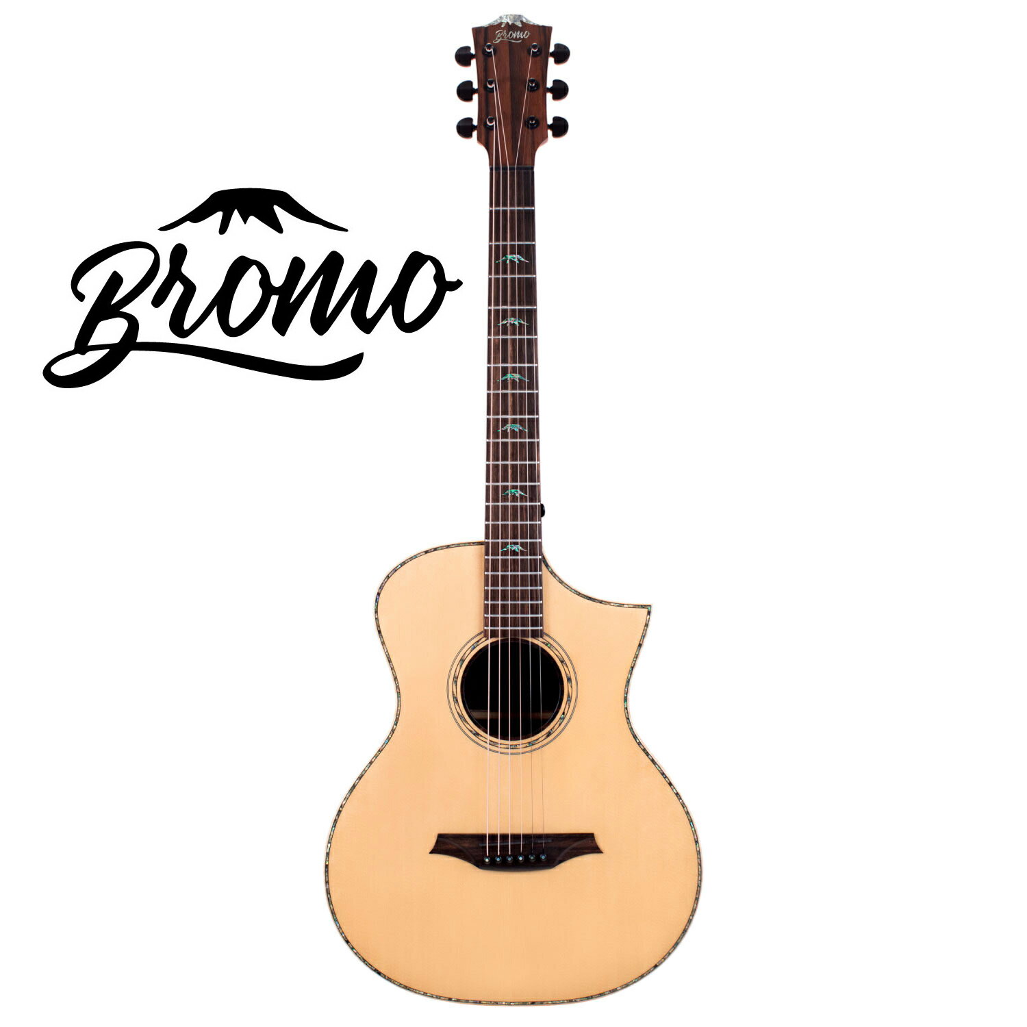 Bromo アコースティックギター 2023年に生まれたばかりの「Bromo Guitars」は、インドネシアの東ジャワにあるブロモ火山の麓にあり、その地名から名付けられました。東ジャワ州は、高品質なトーンウッドに恵まれ、温暖な気候、豊かな土地で生活する人々が幸せに暮らしています。また、毎年インドネシア最大級のミュージックフェスティバルが開催される音楽文化にとって大切な場所でもあります。3世代にわたる知識、文化、資源の蓄積により、最新の技術を積極的に取り入れた工場を構築、最高のギターを目指して完全自社生産を実現しました。職人技とテクノロジーを融合し、自然と文化に包まれた「Bromo Guitars」は、必ずあなたの心に届く音色を奏でることでしょう。 BAR5CEは、ソリッドシトカスプルーストップとソリッドアマラエボニーバック＆サイドを採用したオールソリッドボディのアコースティックギターです。伝統的なアコースティックギターサウンドを奏でるとともに、単板ならではの時間とともに育てる楽しみを味わえるモデルとなっています。 オリジナルデザインのブリッジやアバロンを使用したMt. Bromoポジションインレイ、アマラエボニーを丁寧に組み合わせたロープデザインのロゼッタなど、細部に至るまで上質なデザインを追求しています。 さらに、Hillsideと名付けられたオリジナルカッタウェイがハイフレットでの演奏を快適にし、見た目にも優美な印象を与えます。ライブやレコーディングに最適なFishman Sonitoneピックアップシステムを搭載し、多彩な現場で活躍できる一本です。 [特徴] ・オールソリッドボディ: ソリッドシトカスプルーストップとソリッドアマラエボニーによる豊かで繊細な音色 ・育てる楽しみ: 単板ならではの経年変化を感じることが可能 ・洗練されたデザイン: アバロン使用のMt. Bromoポジションインレイやアマラエボニーのロゼッタ ・Hillsideカッタウェイ: ハイフレットでのプレイを快適にし、エレガントな外観を演出 ・Fishman Sonitoneピックアップ搭載: 高い音響性能でライブやスタジオでの使用に最適 ●オール単板モデル ソリッドシトカスプルーストップ、ソリッドアマラエボニーバック＆サイドのオールソリッドボディを採用し、繊細でバランスの良いウッディーなまさに伝統的なアコースティックギターのサウンドを奏でます。また、単板ならではの時間とともに育てる楽しみも味わえるモデルです。 ●ToneFlowブレーシングシステムとオーディトリアムシェイプ 革新的なToneFlowブレーシングシステムがよりふくよかな低音と歯切れの良いサウンドを高め、クリアな高音よく通る中音、そして暖かな低音を奏でます。 ●力強く上品な見た目 オリジナルデザインのブリッジ、アバロンを使用したイーグルアイポジションインレイ、アマラエボニーを丁寧に組み合わせて制作された、ロープデザインのロゼッタが力強く上品な見た目を演出しています。 ●カッタウェイシェイプ、Fishman Sonitone搭載 Hillside と名付けられたオリジナルカッタウェイを搭載しハイフレットでのプレイアビリティを向上させ、見た目にも優美な印象を加えています。さらに、Fishman Sonitoneピックアップシステムを搭載。幅広い現場で活躍できるモデルです。 トップ材：ソリッドスプルース サイド材：ソリッドアマラエボニー バック材：ソリッドアマラエボニー ネック材：マホガニー / 2アマラエボニースカンクライン フィンガーボード材：アマラエボニー フレット数：20/ジャンボサイズ ナット幅：43mm スケール：648mm(251/2 ) ブリッジ：アマラエボニー ブレイシング： ToneFlow ブレイシング ピックアップ：Fishman Sonitone フィニッシュ：サテン ボディシェイプ：Auditorium ボディバインディング：メイプル ボディトップパーフリング：アバロン サイド/バックパーフリング：マルチレイヤー バックセンターストリップ：メイプル　マルチレイヤー トラスロッド：Two way ポジションマーク：アバロン Mt. Bromo ヘッドベニア：アマラエボニー ヘッドロゴ：マザーオブパールMt.Bromoデザイン ロゼッタ：アバロン Cowboy Rope デザイン ブリッジピンデコレーション：アバロン Eagle Eye ヒールデコレーション：アバロンMt.Bromoデザイン 生産国：インドネシア 付属品：純正ソフトケース、正規保証書 /_/_/_/♪出荷前調整ご要望承ります♪_/_/_/_/ ギタープラネットではご注文頂いた商品は 新品中古問わず検品・調整してから出荷致します。 弦高など細かなセッティング等、お好みに 合わせて調整も可能ですで、お気兼ねなく お申し付けくださいませ。 /_/_/_/_/_/_/_/_/_/_/_/_/_/_/_/_/_/_/_/_/_/ お問い合わせダイヤル：03-3259-0031 ※掲載画像はサンプルです。 ※当商品は通信販売に限りご用意が可能でございます。実店舗での実機確認・試奏はお受け出来ませんので予めご了承ください。　