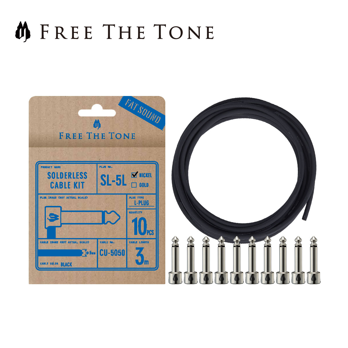 Free The Tone SOLDERLESS CABLE SL-5＆CU-5050 ソルダーレスプラグキット Lプラグ10個 / CU-5050ケーブル3m ニッケル 新品 フリーザトーン Silver,Nickel,シルバー,銀 Plug,シールド,パッチケーブル エフェクター,Effector SL-5L-NI-10K