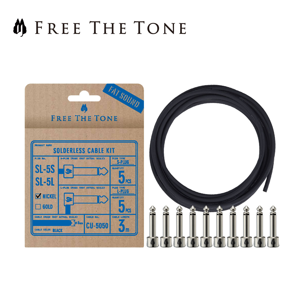 Free The Tone SOLDERLESS CABLE SL-5＆CU-5050 ソルダーレスプラグキット S Lプラグ各5個 / CU-5050ケーブル3m ニッケル 新品 フリーザトーン Nickel Plug,シールド,パッチケーブル エフェクター,Effector SL-5SL-NI-55K