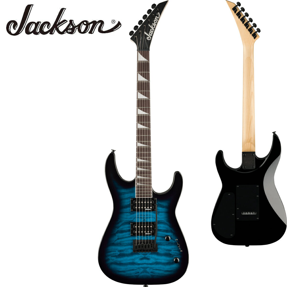 Jackson JSシリーズは、お求めやすい価格でJacksonギターの卓越したトーン、スタイリング、そしてプレイアビリティを提供するラインナップを取り揃えています。 JS Series Dinky JS20 DKAQ 2PTは、ポプラボディにアーティスティックな木目が際立つキルトメイプルトップをあしらい、グラファイト補強ロッドを内蔵したボルトオン式のメイプルスピードネックを備えています。指板には24本のジャンボフレット、パーロイドシャークフィンインレイを配した12～16インチコンパウンドラジアスバウンドアマランス指板を採用しています。 セラミックマグネットのJackson高出力ハムバッカーは、3ウェイブレードスイッチングと1ボリューム＆1トーンと言ったシンプルなコントロールで多彩なサウンドメイキングを実現します。 2点支持Fulcumシンクロナイズドトレモロ、スタンダードストラップボタン、ダイキャストチューニングマシンなど、オールブラックのハードウェアも特徴です。 Spec 【General】 ・シリーズ:JS ・オリエンテーション:Right-Hand ・カラー:Transparent Blue ・原産国:CN 【Neck】 ・ヘッドストック:Jackson Pointed 6-In-Line ・ネック:Maple ・ネックフィニッシュ:Satin ・ネック:Bolt-On with Graphite Reinforcement and Scarf Joint ・フィンガーボードラジアス:12"-16" Compound Radius (304.8 mm to 406.4 mm) ・フィンガーボードの素材:Amaranth ・ポジションインレイ:Pearloid Sharkfin ・サイドドット ・フレット数:24 ・トラスロッド:Dual-Action Head Adjust ・ナット:Black Plastic ・ナット幅:1.6875" (42.86 mm) 【Body】 ・ボディ:Poplar ・ボディフィニッシュ:Gloss ・ボディシェイプ:Dinky ・ボディトップ:Quilted Maple Art Grain 【Hardware】 ・ブリッジ:2-Point Fulcrum Tremolo ・ピックアップカバー:Black ・コントロールノブ:Dome-Style ・スイッチチップ:Black ・ハードウェアフィニッシュ:Black ・チューニングマシーン:Jackson Sealed Die-Cast ・ネックプレート:Jackson ・ストラップボタン:Standard 【Electronics】 ・ブリッジピックアップ:Jackson High-Output Humbucking ・ネックピックアップ:Jackson High-Output Humbucking ・ピックアップコンフィギュレーション:HH ・コントロール:Volume, Tone ・スウィッチ:3-Position Blade: Position 1. Bridge Pickup, Position 2. Bridge and Neck Pickups, Position 3. Neck Pickup 付属品:純正ギグバック、正規保証書 /_/_/_/♪出荷前調整ご要望承ります♪_/_/_/_/ ギタープラネットではご注文頂いた商品は 新品中古問わず検品・調整してから出荷致します。 弦高など細かなセッティング等、お好みに 合わせて調整も可能ですで、お気兼ねなく お申し付けくださいませ。 /_/_/_/_/_/_/_/_/_/_/_/_/_/_/_/_/_/_/_/_/_/ お問い合わせダイヤル：03-3259-0031 ※当商品は通信販売に限りご用意が可能でございます。実店舗での実機確認・試奏はお受け出来ませんので予めご了承ください。 ※掲載画像はサンプルになります。実際にお届けする商品とは色味や木目が異なる場合がございますのでご了承ください。