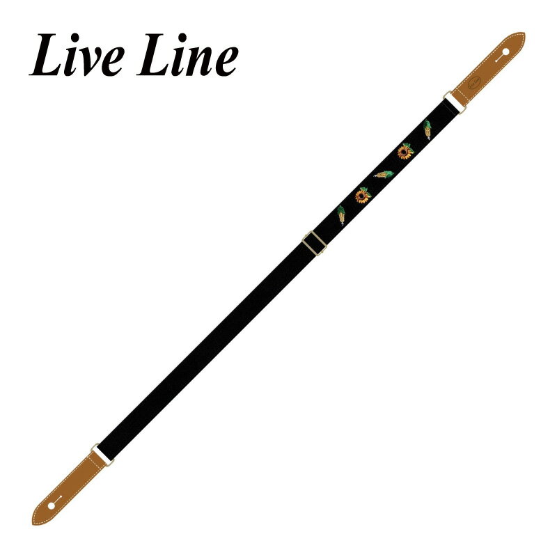 Live Line YUS34B-4 向日葵＆とうもろこし ウクレレストラップ/レザーエンド[ライブライン][Ukulele Strap][Black,ブラック,黒]