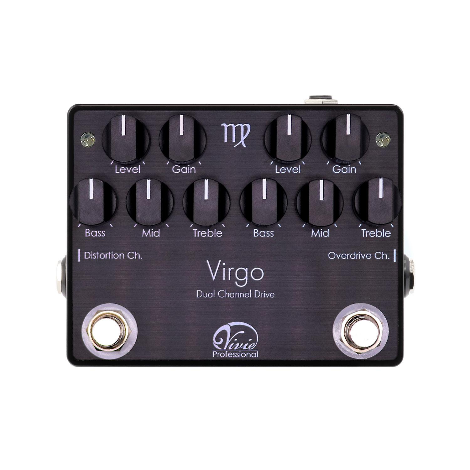 Vivieブランドより、ギター用2chドライブペダル「Virgo」を発売いたします。 独立でON/OFFが可能なOverdrive／Distortionの2chそれぞれ3Band-EQを搭載した高機能モデルです。 特に、ディストーション＋前段ブースターとしてのオーバードライブという使い方に拘ったチューニングがなされて おり、単1チャンネルのペダルでは成しえないリッチなサウンド・使い方の幅広さを実現しました。 3Band-EQが両チャンネルに搭載されていることで、個別のドライブペダルとして使用する場合にも非常に自由な サウンドメイクが可能となっています。 お問い合わせフリーダイヤル:0120-37-9630　