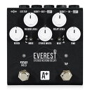 Shift Line / EVEREST IIシフトライン / エベレストツー ディレイとリバーブはいつでも最高の組み合わせです。 Shift Line EVEREST IIはディレイとリバーブをパラレルでかけることのできるペダルです。 全く新しい筐体、タップテンポ、ステレオモードに加え、 新しいアルゴリズムを備えています。 1つのコンパクトペダルでディレイとリバーブを組み合わせることで、 クラシカルな空間的サウンド処理に加え、 異世界の雰囲気を持つテクスチャーも実現します。 ギター、ベース、シンセ、ドラム等の様々な楽器で使うことができます。 EVEREST IIはミニマリストなUIと幅広い音響パレットを持ち、 広がりを制御できるステレオモード、デュアルモード、 タップテンポ、新しくなったホールモードが加わりました。 ●主な機能 ・広がりを制御でき、デュアルモードも備え、本格的ステレオシグナルチェーンに対応 ・タップテンポのサブディビジョン設定可能 ・ステレオ、ピンポンディレイ ・2つのエフェクトを並列に実行できる6つのリバーブモードとディレイモード ・リバーブ、ディレイで独立した音量コントロール ・ローパスフィルター ・ディレイフィルター ・無限のサステインから自己発振まで ・フェイバリットプリセットを保存可能 ・オールアナログシグナルチェーン ・バイパスモード切り替え可能 ・キルドライ設定可能 ・軽量コンパクト ・トップマウントジャック ・外部タップテンポ入力可能 ・9-12V電源で動作（75-100mA） ・マイクロUSB端子からファームウェアアップデート可能 ●コントロール ・REVERB LEVEL：リバーブのウェットシグナルレベルを調整します。 反時計回り最小でリバーブを解除できます。 ・DELAY LEVEL：ディレイのウェットシグナルレベルを調整します。 反時計回り最小でディレイを解除できます。 ・REGEN：ディレイのフィードバックとリバーブのディケイを同時にコントロールします。 ・STEREO WIDTH：ステレオイメージの広がりを調整します。 TAPフットスイッチを押しながらこのノブを回すとウェットシグナルの明るさが調整できます。 ・TIME：ディレイタイムを調整します。最小にするとディレイを解除できます。 ・MODE：6つのリバーブ・ディレイアルゴリズムを選択します。 ・BEAT：タイムノブまたはTAPフットスイッチで設定した時間のサブディビジョンを選択します。 上で付点8分、中央で4分、下で4分トリプレットになります。 ・BYPASS/HOLD：このフットスイッチには複数の機能があります。 一度押すとエフェクトのON/OFFが切り替わり、長押しするとホールドモードになります。 （徐々に自己発振へとつながる無限のサステイン） このフットスイッチを素早く2回押すとフェイバリットプリセットをロードします。 押しながらMODEスイッチを切り替えると追加アルゴリズムを選択できます。 押しながらBEATスイッチを切り替えるとバイパスモードの選択、キルドライの設定が行えます。 ・TAP：このフットスイッチは2回押すとディレイタイムをタップテンポで設定できます。 TAPとBYPASS/HOLDフットスイッチを同時に3秒以上押し続けると、 今の設定がフェイバリットプリセットに保存されます。 お問い合わせフリーダイヤル:0120-37-9630　