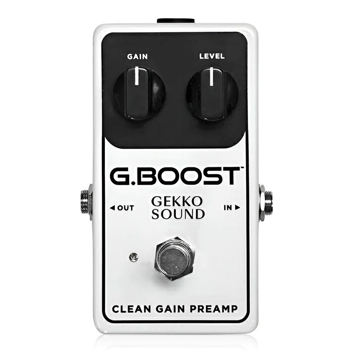 GEKKO SOUND G.BOOSTは、楽器の音色バランスとダイナミクスを維持しながら、最大+26dBのブーストを行えるスーパークリーンブーストです。 GAINを高く設定するとエレキベースのぶっとい歪みを加えることもできます。 ベーストーンがより前に出るブースターです。 ハイインピーダンスインプットとGAINコントロールにより、様々な楽器で扱うことができます。 エレキギターやアコースティックギター・ウクレレなどのピエゾピックアップ、ブルースハープのバレットマイクなどに最適です。 エレキギターではきらびやかでクリアなトーンを作ることができ、GAINを高く設定するとコンソールに直接接続してクリップさせたような独特のトーンを作ることもできます。 トゥルーバイパススイッチングで、素早くアンプをプッシュすることができます。 ●コントロール LEVEL：音量を調整します。 GAIN：ブーストゲインを調整します。 ●特徴 ・最大+26dBのゲインを持つクリーンブースト ・オールアナログ回路 ・トゥルーバイパス ・ハイクオリティコンポーネントを使用 G.BOOSTはスタンダードなセンターマイナスDC9Vアダプターで駆動します。電池はお使いになれません。 サイズ(WxDxH)：69 x 114 x 51mm (突起含む) 重量：198g お問い合わせ:03-3259-0031　