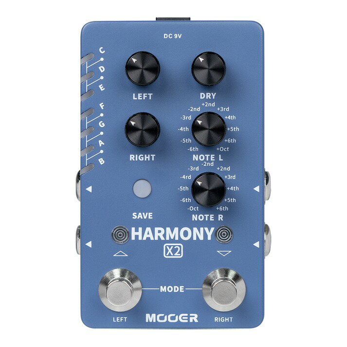 Mooer HARMONY X2は、コンパクトペダルサイズのステレオハーモニーエフェクトです。 12音階それぞれメジャー・マイナーのキーを設定可能。 それぞれ11種類のハーモニーモードをステレオL・R個別に設定することができます。 2つのフットスイッチを用いてL・Rそれぞれのハーモニーエフェクトをコントロールできます。 ●特徴 ・ハイクオリティステレオハーモニーエフェクト ・12のキーをメジャー・マイナーモードで切り替え可能 ・各キーには11のハーモニーモードを収録 ・独立したDry・Wetシグナル調整 ・様々なシチュエーションに対応するMix・Individualモード ・デュアルフットスイッチで各ハーモニーエフェクトチャンネルをコントロール ●コントロール ・LEFT：L(MONO）アウトプットのハーモニーシグナルの音量を調整します。 ・RIGHT：Rアウトプットのハーモニーシグナルの音量を調整します。 ・DRY：ドライシグナルの音量を調整します。 ・NOTE L：L(MONO）アウトプットのハーモニータイプを選択します。 ・NOTE R：Rアウトプットのハーモニータイプを選択します。 ・SAVE：ボタンを押してスケールを切り替え、長押しで変更を保存します。 ・LEFTフットスイッチ：L(MONO）アウトプットのハーモニーエフェクトのON/OFFを切り替えます。 ・RIGHフットスイッチ：RアウトプットのハーモニーエフェクトのON/OFFを切り替えます。 ●インプット・アウトプット ・INPUT L(MONO）：1/4インチモノラルオーディオジャックです。モノラルセットアップ時はこのジャックを使用します。ステレオ時はLチャンネルを接続します。 ・INPUT R：1/4インチモノラルオーディオジャックです。ステレオ時はRチャンネルを接続します。 ・OUTPUT L(MONO)：1/4インチモノラルオーディオジャックです。モノラルセットアップ時はこのジャックを使用します。ステレオ時はLチャンネルを接続します。 ・OUTPUT R：1/4インチモノラルオーディオジャックです。ステレオ時はRチャンネルを接続します。 ・DC IN：センターマイナスDC9V、300mA以上のアダプターを接続します。付属アダプターの使用を推奨します。 ●使い方 ・スケール・調の選択 スケール、調は下記の方法で選択できます。 1.SAVEボタンでスケールをスクロール 2.左右のフットスイッチを同時に押してスケールセレクトモードに入ります。左フットスイッチでスケールをスクロールアップ、右フットスイッチスクロールダウンします。このモードは3秒後に自動的に終了します。 このモードでは、左側の7つのLEDインジケータに選択されているスケールと調が表示されます。 インジケータが1つだけ点灯すると、ナチュラルスケールです。CスケールならC、DスケールならDが点灯します。 他のスケールでは2つのインジケータが点灯します。C#/D♭ならCとD、D#/E♭ならDとEが点灯します。 調は色で表示されます。赤はメジャー、青はマイナーです。 ノーマルフットスイッチモードではフットスイッチ長押しでメジャーとマイナースケールを切り替えます。 ・エフェクトモジュールのON/OFF Harmony X2には2つのエフェクトモジュールがあります。 LEFTとRIGHTフットスイッチでステレオ左右個別のモジュールをON/OFFできます。 ・エフェクトの調整 DRYノブを回し、エフェクトON時の原音の音量を調整します。 最大（5時）位置では入力信号と同じ音量になります。最小（7時）にすると原音がOFFになります。 LEFTおよびRIGHTノブを回し、それぞれのハーモニーモジュールの音量を調整します。 最大（5時）位置ではそれぞれのハーモニーが入力信号と同じ音量になります。 最小（7時）にすると各オクターブがOFFになります。 NOTE LとNOTE Rは左右それぞれのモジュールのハーモニーモードを選択します。 それぞれ11のモードを選択できます。 ●エフェクトパラメータの保存 エフェクトのパラメータを変更すると、LEDが点滅して保存された内容から変更されていることを知らせます。 SAVEを長押しすると現在の設定が上書き保存されます。保存せずにプリセットを切り替えると、変更は破棄されます。 ●アウトプットモードの設定 Harmony X2にはMixモードと個別（Individual）モードの2つのアウトプットモードがあります。 SAVEとRIGHTフットスイッチを長押ししてモードを切り替えます。 SAVEボタンLEDの色が現在のモードを表示します。Mixモードは赤、個別モードは青となります。 ●ファクトリーリセット ペダルのアダプターを抜き、電源を切ります。SAVEボタンを押しながらアダプターを接続します。 ペダルが起動したら、LEDが点滅するのでSAVEボタンを離し、点滅が終了するのを待ちます。 点滅が終了したらファクトリーリセットが完了しています。SAVEボタンを離さず、そのまま電源を再度切るとファクトリーリセットをキャンセルできます。 ※ファクトリーリセットはすべてのユーザープリセットを削除します。リセット後削除されたプリセットは元に戻せません。 ●スペック Input: 2 * 1/4” mono audio jack (impedance value 1M ohm) Output: 2 * 1/4” mono audio jack (impedance value 510 ohm) Power Requirements: 9V DC center negative 300mA (The original power supply is recommended to avoid the noise issue) Dimensions: 75mm (D) x115mm (W) x33mm (H) スペックは予告なく変更される場合があります。 お問い合わせ:03-3259-0031　