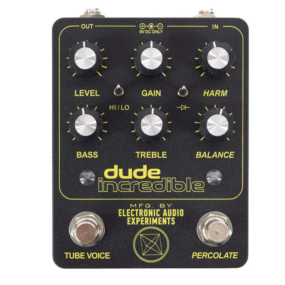 世にも奇妙で超カルト。Percolator + Tube Voiceの2 in 1 ドライブペダル。 Dude Incredible（デュード・インクレディブル）は2つのミステリアスなドライブ回路を搭載した、世にも奇妙でユニークな2 in 1 ペダル。 パンク/オルタナティブ/ノイズミュージックにおいて伝説的な存在のスティーブ・アルビニが実際に使用するセットアップからインスパイアされています。 ジャングリーなリズムバッキング、耳をつんざくトレブルのコードプレイ、永遠に続く壁のようなフィードバックの咆哮。 貴方が鋼鉄製のギターピックを愛するカミソリトレブル狂信者でなくても、Dude Incredibleのどこでも聴けない、ユニークなディストーションサウンドには病みつきになることをお約束します。 スティーヴ・アルビニのセットアップからインスパイア。 Dude IncredibleはShellac, Big Blackといったバンドでの活動や、Electrical Audioでの数々のスタジオワークやプロデュースで知られる、スティーヴ・アルビニのギタートーンから着想を得ています。 ジャグリーなリズムトーン、許容範囲を遥かに超えた突き刺すようなトレブル、永遠のハウリングとフィードバックなど、ノイズロックにおける象徴的なトーンを無限に内包しています。 TUBE VOICEとPERCOLATEからなる2つのセクションは個別にオンオフが可能。 あらゆるサウンドの可能性を探ることが可能です。 そして両セクションを同時にオン、スタッキングすることで破壊的なドライブサウンドを操ることが出来ます。 ルール無用のモジュレーション・フィードバックに加え、フレットノイズやピックスクラッチでさえも攻撃的に彩ります。 "TUBE VOICE" TUBE VOICEチャンネルには1970年代のミステリアスなラックプリアンプ、Intersound IVP (Instrument Voicing Preamp)のOverdriveチャンネルから着想を得たオーバードライブセクション。 トランスフォーマーで武装されたドライブ回路の前段にシェルビングEQを配置するユニークな構成で、ドライブさせる周波数帯域を微細にセレクト出来ます。 ガラガラと転がるトレブリィトーンだけでなく、ミディアムゲインのジューシーなドライブ、または常にオンにしてサウンドのベースレイヤーを作る用途など、無数の歪みサウンドを出力します。 "HARMONIC PERCOLATOR" 前段には非常にミステリアスでカルトなファズペダル、Hermonic Percolatorをベースとしたファズセクションがスタンバイ。 オリジナルと同様のシリコン/ゲルマニウムトランジスタのハイブリッド構成で、更にダイオード選択のオプションを追加しました。 偶数次倍音を強調する独特なサウンドとレスポンスが特徴で、現代のどんなファズペダルとも異なる雰囲気を持っています。 低ゲインではファジーかつダイナミックなオーバードライブに。 高ゲインではオーバーロードしたヘヴィなコンプレッション、風が吹くような”blooming”ディストーションとなります。 リレースイッチング、トゥルーバイパス Input impedance @ 1kHz: 100kΩ (perc) / 500kΩ (tube voice) Output impedance @ 1kHz: Power: 9V DC, 2.1 mmセンターマイナス、両チャンネル使用時は90mA。 レギュレート、アイソレートされた100mA以上のパワーサプライを推奨。電池駆動はできません。 お問い合わせ：03-3259-0031　