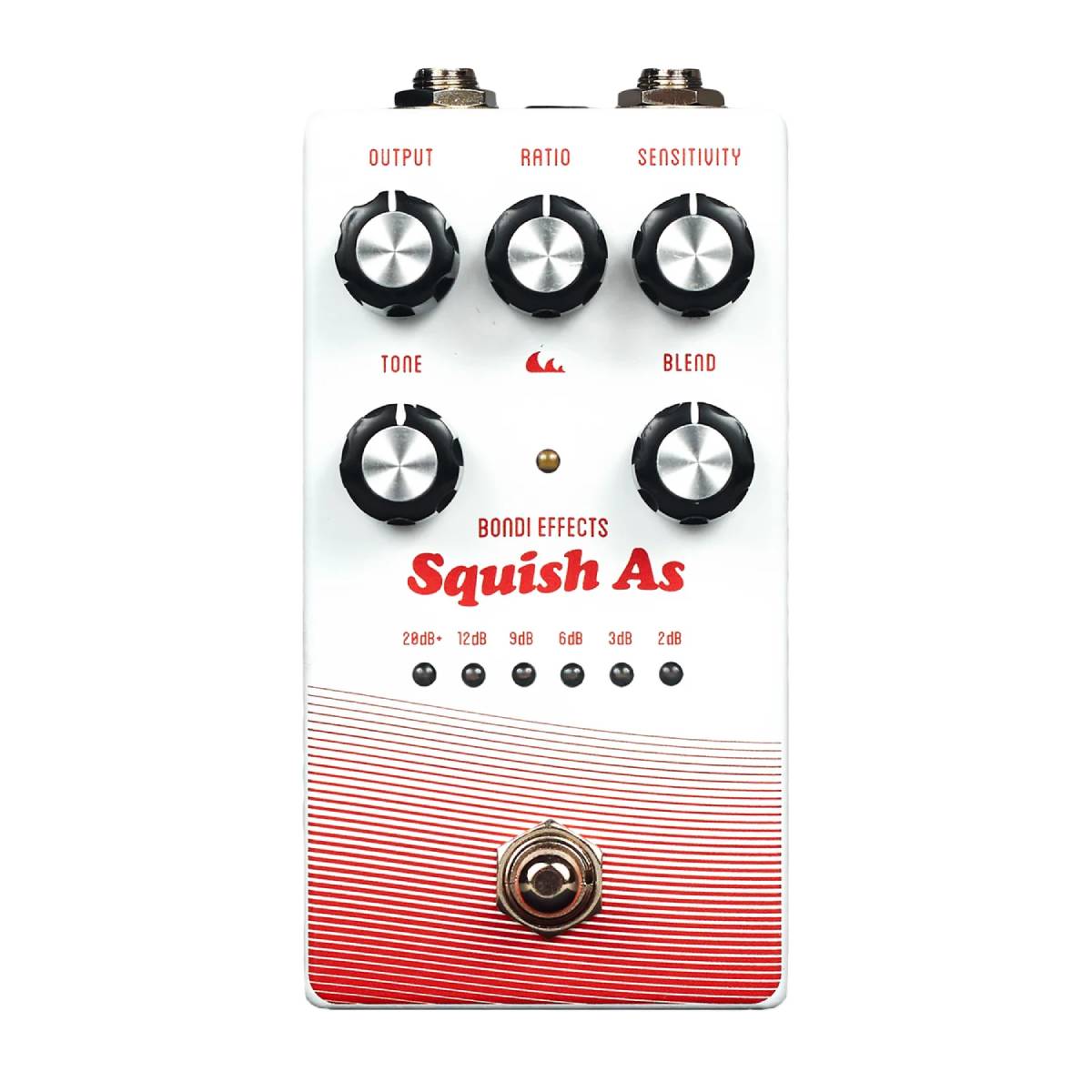 ナチュラルさと原音への忠実さに長ける、最もトランスペアレントなコンプレッサー。 Squish As Compressorは、Bondi Effectsによる最もトランスペアレントなコンプレッサーです。 演奏のダイナミクスに追従して、自動でアタックタイムとリリースタイムが変化。 常時ONでも常にナチュラルなコンプレッションをキープし、自分でさえ気づかないような微細なニュアンスを引き出します。 Bondi Effectsらしさの一つであるクリーンさはSquish As Compressorでも健在。 最高品質のVCAとディテクターを使用することで、よりクリアなサウンドを実現しました。 他に類を見ない原音への忠実さと明瞭さに加え、ゲインリダクションメーターやBLENDノブなど便利なコントロール類も搭載。 あなたのトーンを次のレベルへと高める、研ぎ澄まされたコンプレッサーです。 演奏に合わせて変化するアタックタイムとリリースタイム。 コンプレッサーのアタックタイムとリリースタイムは、プレイヤーのタッチやフィーリングに強く影響します。 そのため、固定のアタックタイムとリリースタイムでコンプレッサーを常時ONにしておくと、演奏のダイナミクスやタッチが意図しない方向へ変化してしまうことも多々あります。 Squish As Compressorのアタックタイムとリリースタイムは、常に音楽的なサウンドになるように自動で変化します。 演奏のダイナミクスに追従するため、Squish Asを常時ONにしていても常に自然なフィーリングを維持することができます。 アタックは強く弾けば早くなり、弱く弾けば遅くなります。対してリリースは125dB/s、8ms/dBの値で、常にアタックに対して遅くなります。 原音に忠実に、ダイナミクスだけを制御。 トーンに余分な色付けをしない、原音に忠実なプロセッシングを求めて設計されたSquish As Compressorは、VCAを用いたプロセッシングを採用。 使用するパーツも厳選されており、その高い品質で知られるBlackmer VCAとTrue RMS Detectorを使用することで、よりクリーンで原音に忠実なコンプレッションが可能になりました。 また20Hz ～ 20kHzの完全な周波数帯域幅と、-6.3dBu ～ -46.3dBuの幅広い感度範囲で様々な入力に対応。最大+12dBuの高出力ペダルにも対応しています。 -96dBuのノイズフロアも相まって、ペダルボードのどの位置でも、またベースやシンセサイザーなどと組み合わせても、常にクリアかつノイズレスにコンプレッションを行います。 加えてBLENDコントロールで、原音とコンプレッションした音をミックスするパラレルコンプレッションも可能。 クリーンなコンプレッションを自在にコントロール。 Squish As Compressorはそのクリーンなサウンドのみならず、コントロールにおいても洗練されたデザインになっています。 RATIOコントロールは1:1(コンプレッション無し)から∞:1(リミッティング)まで可変。透明感のあるスムースなコンプレッションから、ブリックウォールのようなリミッティングまで対応しています。 加えてTONEノブとGAINノブで、コンプレッションされたウェットシグナルのイコライジングとゲイン調整が可能。 BLENDコントロールと併せて使用すれば、原音には一切手をかけずに音色を補正することができます。 さらに、コンプレッサーの動作を視覚的に表示するゲインリダクションメーターも搭載。 ゲインリダクションの量をdB単位で表示することで、サウンドメイクをより容易に行うことができます。 最もトランスペアレントなコンプレッサーであるSquish As Compressorは、そのクリーンさにおいて他の追随を許しません。 入力インピーダンス：500kΩ @1kHz 出力インピーダンス：560kΩ @1kHz 入力レベル：+12dBu (Rail to Rail) 出力レベル：+12dBu (Rail to Rail) ノイズ：-96dBu, 20Hz-20,000Hz A-weighting THD：通常0.02％以下 SNR：ゲインリダクションなしで82dB以下 周波数帯域幅：20Hz-20,000Hz（ギターでもベースでも！） アタック：プログラムディペンデント、3dB ≈ 42ms, -6dB ≈ 20ms, -10dB ≈ 15ms リリース：125dB/s or 8ms/dB サイズ：126.5mm (D)* 66mm (W)* 55mm (H)（突起含む） 電源用件：9Vセンターマイナス、最大70mA お問い合わせ：03-3259-0031　