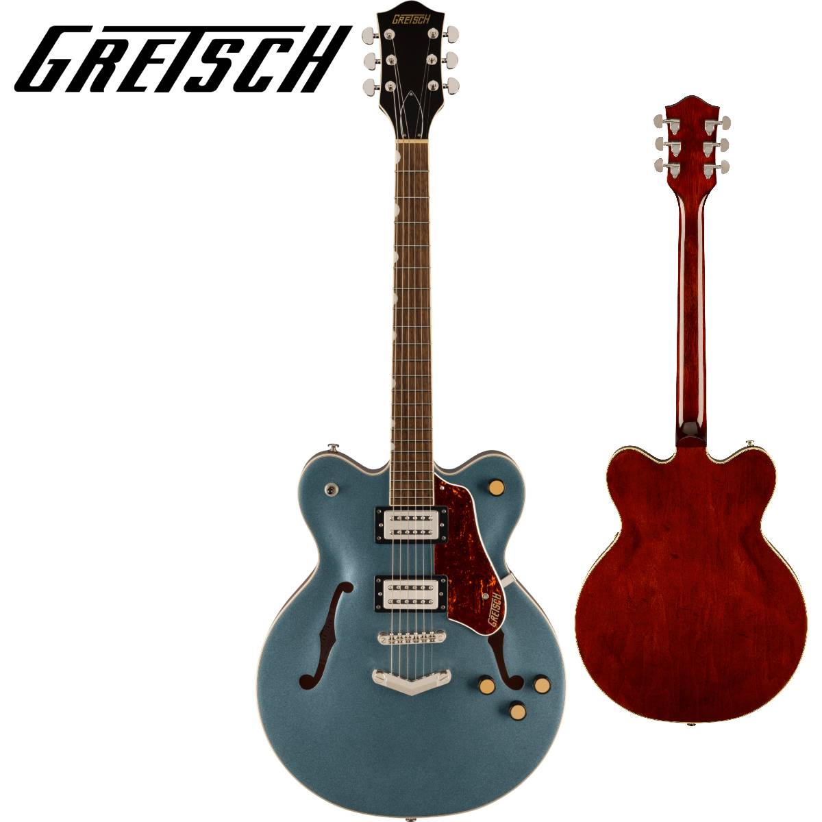 リフレッシュされたStreamliner Collectionは、Gretschギターの輝かしい過去の要素を再訪し、エキサイティングな新機能と組み合わせることで、優れたパフォーマンス、サウンド、スタイルを驚くべき価値で提供します。 G2622 Streamliner Center Block Double-Cut with V-Stoptailは、パワフルなサウンドとGretschならではのスタイリングをよりコンパクトなサイズに収め、現代に甦らせました。 G2622は、グレッチに期待されるすべての要素を保ちつつ、楽器にワンランク上のパフォーマンス、スタイル、そしてより大きな音量感を求めるギタリストのために設計されています。 【主な特徴】 ・新開発のBroadTron BT-3Sハムバッカーを搭載 ・ダブルカッタウェイの16インチアーチドメイプルボディ、チャンバードセンターブロックを採用 ・Soft "C"シェイプのナトーネック ・12インチラジアスローレル指板、パーロイドNeo Classicサムネイルインレイ、22本のミディアムジャンボフレットを採用 ・ボーンナット ・マスターボリューム、マスタートーン、各ピックアップのボリュームコントロールにより、柔軟なトーン設計が可能 ・マスターボリュームにPush/Pullコイルスプリット機能を内蔵 ・ラジオコントロールノブ ・アンカー付きAdjusto-Maticブリッジ ・Gretsch V-Stopテイルピース ・3-plyべっ甲柄ピックガード ・ニッケルハードウェア 【ハイライト】 新しいセンターブロックデザインのメイプルボディ G2622 Center Blockは、アーチドメイプルボディに、新しいセンターブロックデザインを採用しています。この新しいセンターブロックは、軽量で快適な演奏性と存在感のあるフルでリッチなサウンドを両立するように設計されており、アタックとサスティンを向上させ、優れたフィードバック抑制効果を、重さを感じさせない快適なギターにまとめ上げています。 新開発のBroadTron BT-3Sピックアップ G2622は、新開発のBroadTron BT-3Sピックアップを搭載しています。アルニコ5とアルニコ2を組み合わせたマグネットを採用し、力強いミッドレンジ、タイトでふくよかなローエンド、スムーズでクリアなハイエンドがバランス良く得られ、音楽的な響きを放つピックアップです。 コイルスプリットによる多彩なコントロール Streamlinerのパワフルなサウンドは、ネックとブリッジピックアップのボリュームコントロール、マスタートーンコントロール、マスターボリュームコントロール、3ウェイピックアップスイッチングという伝統的なコントロールレイアウトによって引き出されます。 マスターボリュームコントロールにPush/Pullポットを内蔵することでコイルスプリットが可能となり、シングルコイルサウンドに切り替えることが可能です。すでに強力なサウンドパレットにさらなるトーンオプションが得られます。 【SPEC】 ヘッドストックバインディング ネック：Nato ネックフィニッシュ：Gloss ネックシェイプ：Soft "C" ネック：Set-Neck フィンガーボードラジアス：12" (305 mm) フィンガーボードの素材：Laurel ポジションインレイ：Pearloid Neo-Classic Thumbnail サイドドット フレット数：22 ナット：Bone ナット幅：1.6875" (42.86 mm) ナットの素材：Bone ボディ：Laminated Maple ボディフィニッシュ：Gloss ボディシェイプ：Center Block ボディトップ：Arched Laminated Maple ボディバインディング：Aged White with B/W/B Purfling ボディバック：Arched Laminated Maple BODY STYLE：Gretsch Center Block Guitars ボディ素材：Laminated Maple CUTAWAY：Double Cutaway ブレイシング：Center Block ウェイスト：9.75" (248 mm) SOUND HOLE：F-Holes ブリッジ：Adjusto-Matic ブリッジカバー/テイルピース：V-Stoptail BRIDGE MOUNTING：Anchored ピックガード：3-Ply Tortoise ピックアップカバー：Nickel コントロールノブ：Gretsch Radio Knob SWITCH TIP：Black ハードウェアフィニッシュ：Nickel チューニングマシーン：Die-Cast Sealed ストリング：Nickel Plated Steel (.010-.046 Gauges) ストラップボタン：Standard Strap Button ブリッジピックアップ：BroadTron BT-3S ネックピックアップ：BroadTron BT-3S ピックアップコンフィギュレーション：BroadTron / BroadTron コントロール：Volume 1. (Neck Pickup), Volume 2. (Bridge Pickup), Master Tone, Master Volume with Push/Pull for Coil Split スウィッチ：3-Position Toggle: Position 1. Bridge Pickup, Position 2. Bridge And Neck Pickups, Position 3. Neck Pickup AUXILIARY SWITCHING：Push/Pull Pot (for Coil Split) 付属品：正規保証書、純正ギグバッグ /_/_/_/♪出荷前調整のご要望承ります♪_/_/_/_/ ギタープラネットではご注文頂いた商品は 新品中古問わず検品・調整してから出荷致します。 弦高などの細かなセッティング等、お好みに 合わせての調整も可能ですので、お気兼ねなく お申し付けくださいませ。 /_/_/_/_/_/_/_/_/_/_/_/_/_/_/_/_/_/_/_/_/_/_ お問い合わせ:03-3259-0031　