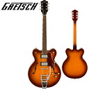 リフレッシュされたStreamliner Collectionは、Gretschギターの輝かしい過去の要素を再訪し、エキサイティングな新機能と組み合わせることで、優れたパフォーマンス、サウンド、スタイルを驚くべき価値で提供します。 G2622T Streamliner Center Block Double-Cut with Bigsbyは、パワフルなサウンドとGretschならではのスタイリングをよりコンパクトなサイズに収め、現代に甦らせました。 G2622Tは、グレッチに期待されるすべての要素を保ちつつ、楽器にワンランク上のパフォーマンス、スタイル、そしてより大きな音量感を求めるギタリストのために設計されています。 【主な特徴】 ・新開発のBroadTron BT-3Sハムバッカーを搭載 ・ダブルカッタウェイの16インチアーチドメイプルボディ、チャンバードセンターブロックを採用 ・Soft "C"シェイプのナトーネック ・12インチラジアスローレル指板、パーロイドNeo Classicサムネイルインレイ、22本のミディアムジャンボフレットを採用 ・ボーンナット ・マスターボリューム、マスタートーン、各ピックアップのボリュームコントロールにより、柔軟なトーン設計が可能 ・マスターボリュームにPush/Pullコイルスプリット機能を内蔵 ・ラジオコントロールノブ ・アンカー付きAdjusto-Maticブリッジ ・Bigsby B70ヴィブラートテイルピース ・3-plyべっ甲柄ピックガード ・ニッケルハードウェア 【ハイライト】 新しいセンターブロックデザインのメイプルボディ G2622 Center Blockは、アーチドメイプルボディに、新しいセンターブロックデザインを採用しています。この新しいセンターブロックは、軽量で快適な演奏性と存在感のあるフルでリッチなサウンドを両立するように設計されており、アタックとサスティンを向上させ、優れたフィードバック抑制効果を、重さを感じさせない快適なギターにまとめ上げています。 新開発のBroadTron BT-3Sピックアップ G2622は、新開発のBroadTron BT-3Sピックアップを搭載しています。アルニコ5とアルニコ2を組み合わせたマグネットを採用し、力強いミッドレンジ、タイトでふくよかなローエンド、スムーズでクリアなハイエンドがバランス良く得られ、音楽的な響きを放つピックアップです。 コイルスプリットによる多彩なコントロール Streamlinerのパワフルなサウンドは、ネックとブリッジピックアップのボリュームコントロール、マスタートーンコントロール、マスターボリュームコントロール、3ウェイピックアップスイッチングという伝統的なコントロールレイアウトによって引き出されます。 マスターボリュームコントロールにPush/Pullポットを内蔵することでコイルスプリットが可能となり、シングルコイルサウンドに切り替えることが可能です。すでに強力なサウンドパレットにさらなるトーンオプションが得られます。 【SPEC】 ヘッドストックバインディング ネック：Nato ネックフィニッシュ：Gloss ネックシェイプ：Soft "C" ネック：Set-Neck フィンガーボードラジアス：12" (305 mm) フィンガーボードの素材：Laurel ポジションインレイ：Pearloid Neo-Classic Thumbnail サイドドット フレット数：22 ナット：Bone ナット幅：1.6875" (42.86 mm) ナットの素材：Bone ボディ：Laminated Maple ボディフィニッシュ：Gloss ボディシェイプ：Center Block ボディトップ：Arched Laminated Maple ボディバインディング：Aged White with B/W/B Purfling ボディバック：Arched Laminated Maple BODY STYLE：Gretsch Center Block Guitars ボディ素材：Laminated Maple CUTAWAY：Double Cutaway ブレイシング：Center Block ウェイスト：9.75" (248 mm) SOUND HOLE：F-Holes ブリッジ：Adjusto-Matic ブリッジカバー/テイルピース：Bigsby B70 BRIDGE MOUNTING：Anchored ピックガード：3-Ply Tortoise ピックアップカバー：Nickel コントロールノブ：Gretsch Radio Knob SWITCH TIP：Black ハードウェアフィニッシュ：Nickel チューニングマシーン：Die-Cast Sealed ストリング：Nickel Plated Steel (.010-.046 Gauges) ストラップボタン：Standard Strap Button ブリッジピックアップ：BroadTron BT-3S ネックピックアップ：BroadTron BT-3S ピックアップコンフィギュレーション：BroadTron / BroadTron コントロール：Volume 1. (Neck Pickup), Volume 2. (Bridge Pickup), Master Tone, Master Volume with Push/Pull for Coil Split スウィッチ：3-Position Toggle: Position 1. Bridge Pickup, Position 2. Bridge And Neck Pickups, Position 3. Neck Pickup AUXILIARY SWITCHING：Push/Pull Pot (for Coil Split) 付属品：正規保証書、純正ギグバッグ /_/_/_/♪出荷前調整のご要望承ります♪_/_/_/_/ ギタープラネットではご注文頂いた商品は 新品中古問わず検品・調整してから出荷致します。 弦高などの細かなセッティング等、お好みに 合わせての調整も可能ですので、お気兼ねなく お申し付けくださいませ。 /_/_/_/_/_/_/_/_/_/_/_/_/_/_/_/_/_/_/_/_/_/_ お問い合わせ:03-3259-0031　