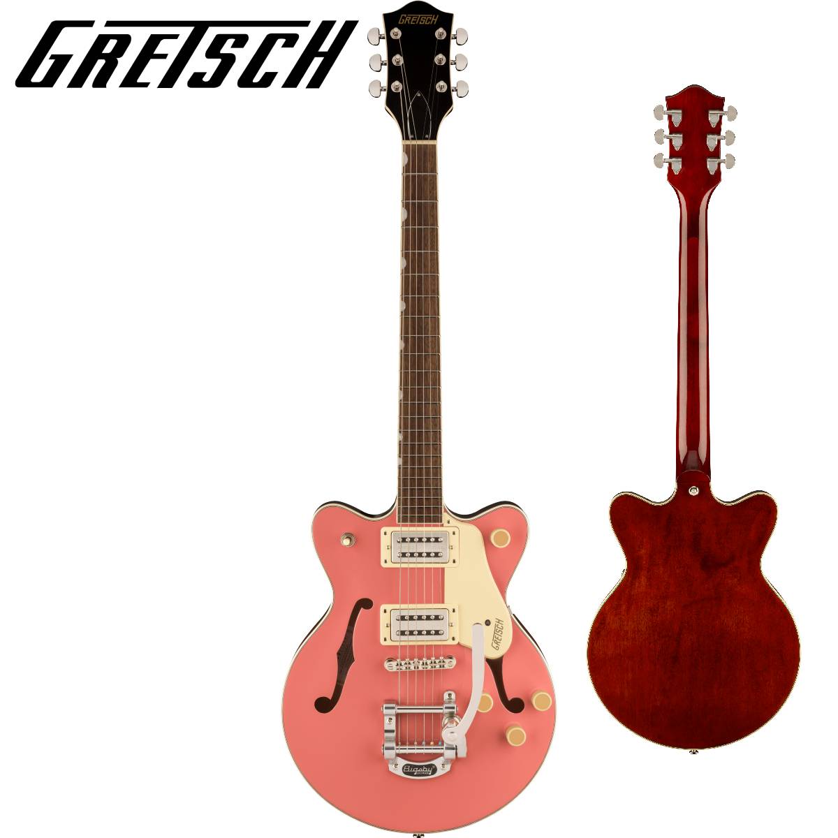 リフレッシュされたStreamliner Collectionは、Gretschギターの輝かしい過去の要素を再訪し、エキサイティングな新機能と組み合わせることで、優れたパフォーマンス、サウンド、スタイルを驚くべき価値で提供します。 G2655T Streamliner Center Block Jr. Double-Cut with Bigsbyは、パワフルなサウンドとGretschならではのスタイリングをよりコンパクトなサイズに収め、現代に甦らせました。 G2655Tは、グレッチに期待されるすべての要素を保ちつつ、楽器にワンランク上のパフォーマンス、スタイル、そしてより大きな音量感を求めるギタリストのために設計されています。 【主な特徴】 新開発のBroadTron BT-3Sハムバッカーを搭載 ダブルカッタウェイのアーチドメイプルボディにチェンバードセンターブロックを採用 Soft "C"シェイプのナトーネック 12インチラジアスローレル指板、パーロイドNeo Classicサムネイルインレイ、22本のミディアムジャンボフレットを採用 ボーンナット マスターボリューム、マスタートーン、各ピックアップのボリュームコントロールにより、柔軟なトーン設計が可能 マスターボリュームにPush/Pullコイルスプリット機能を内蔵 ラジオコントロールノブ アンカー付きAdjusto-Maticブリッジ Bigsby B50ヴィブラートテイルピース 1-plyクリームピックガード ニッケルハードウェア 【ハイライト】 新しいセンターブロックデザインのメイプルボディ G2655T Center Block Jr.は、小さめのアーチドメイプルボディに、新しいセンターブロックデザインを採用しています。この新しいセンターブロックは、軽量で快適な演奏性と存在感のあるフルでリッチなサウンドを両立するように設計されており、アタックとサスティンを向上させ、優れたフィードバック抑制効果を、重さを感じさせない快適なギターにまとめ上げています。 新開発のBroadTron BT-3Sピックアップ G2655Tは、新開発のBroadTron BT-3Sピックアップを搭載しています。アルニコ5とアルニコ2を組み合わせたマグネットを採用し、力強いミッドレンジ、タイトでふくよかなローエンド、スムーズでクリアなハイエンドがバランス良く得られ、音楽的な響きを放つピックアップです。 コイルスプリットによる多彩なコントロール Streamlinerのパワフルなサウンドは、ネックとブリッジピックアップのボリュームコントロール、マスタートーンコントロール、マスターボリュームコントロール、3ウェイピックアップスイッチングという伝統的なコントロールレイアウトによって引き出されます。 マスターボリュームコントロールにPush/Pullポットを内蔵することでコイルスプリットが可能となり、シングルコイルサウンドに切り替えることが可能です。すでに強力なサウンドパレットにさらなるトーンオプションが得られます。 【SPEC】 ヘッドストックバインディング ネック：Nato ネックフィニッシュ：Gloss ネックシェイプ：Soft "C" ネック：Set-Neck フィンガーボードラジアス：12" (305 mm) フィンガーボードの素材：Laurel ポジションインレイ：Pearloid Neo-Classic Thumbnail サイドドット フレット数：22 ナット：Bone ナット幅：1.6875" (42.86 mm) ナットの素材：Bone ボディ：Laminated Maple ボディフィニッシュ：Gloss ボディシェイプ：Streamliner Center Block Jr. ボディトップ：Arched Laminated Maple ボディバインディング：Aged White ボディバック：Arched Laminated Maple BODY STYLE：Gretsch Center Block Guitars ボディ素材：Laminated Maple CUTAWAY：Double Cutaway ブレイシング：Center Block ウェイスト：8.625" (219.08 mm) SOUND HOLE：F-Holes ブリッジ：Adjusto-Matic ブリッジカバー/テイルピース：Bigsby B50 BRIDGE MOUNTING：Anchored ピックガード：1-Ply Cream with Gold Gretsch Logo ピックアップカバー：Nickel コントロールノブ：Gretsch Radio Knob SWITCH TIP：Cream ハードウェアフィニッシュ：Nickel チューニングマシーン：Die-Cast Sealed ストリング：Nickel Plated Steel (.010-.046 Gauges) ストラップボタン：Standard Strap Button ブリッジピックアップ：BroadTron BT-3S ネックピックアップ：BroadTron BT-3S ピックアップコンフィギュレーション：BroadTron / BroadTron コントロール：Volume 1. (Neck Pickup), Volume 2. (Bridge Pickup), Master Tone, Master Volume with Push/Pull for Coil Split スウィッチ：3-Position Toggle: Position 1. Bridge Pickup, Position 2. Bridge And Neck Pickups, Position 3. Neck Pickup AUXILIARY SWITCHING：Push/Pull Pot (for Coil Split) 付属品：正規保証書、純正ギグバッグ /_/_/_/♪出荷前調整のご要望承ります♪_/_/_/_/ ギタープラネットではご注文頂いた商品は 新品中古問わず検品・調整してから出荷致します。 弦高などの細かなセッティング等、お好みに 合わせての調整も可能ですので、お気兼ねなく お申し付けくださいませ。 /_/_/_/_/_/_/_/_/_/_/_/_/_/_/_/_/_/_/_/_/_/_ お問い合わせ:03-3259-0031　