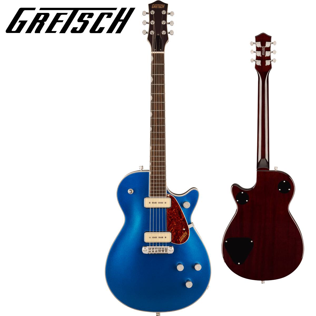 Electromatic Jetは、無駄を一切排除した、完璧でピュア、そしてパワフルなGretschギターです。大胆でダイナミック、そして明瞭なグレッチ本来のサウンド、洗練されたスタイリング、そして快適な演奏性を備えた、ワンランク上の楽器を求めるプレイヤーに最適な楽器です。 G5210-P90 Electromatic Jet Two 90 Single-Cut with Wraparound Tailpieceは、Jetのパワーと機能性をそのままに、お求めやすい驚くべき価格でご提供します。 製品ハイライト： 【メイプルトップのチェンバードマホガニーボディ】 チェンバードマホガニーボディにメイプルトップを備え、豊かなローミッドと、滑らかで存在感のあるハイエンドを実現。 【新開発のP-90Eピックアップ】 P-90E Single-Coilピックアップが、ワイドでバランスのとれた透明感のあるトーンを生み出し、厚みのあるアグレッシブなオーバードライブから澄み渡るクリーントーンまで、優れた明瞭度とトーンバランスを実現。 【多彩なコントロール】 各ピックアップのボリュームコントロール、マスタートーン、トレブルブリード回路付きマスターボリュームとを備え、直感的なサウンド設計が可能です。 【FEATURES】 ・力強いサウンドと優れた音響バランスを実現するメイプルトップのチェンバードマホガニーボディ ・低めにセッティングされたThin “U”マホガニーネック ・12インチラジアスローレル指板、22本のミディアムジャンボフレットとパーロイドNeo-Classicサムネイルインレイ ・新開発のP-90E Single-Coilピックアップを搭載 ・トレブルブリード回路付きマスターボリューム、マスタートーン、各ピックアップのボリュームコントロール ・調整可能なラップアラウンドテイルピース ・ニッケルハードウェア 【SPEC】 ヘッドストックバインディング ネック：Mahogany ネックフィニッシュ：Gloss ネックシェイプ：Thin "U" ネック：Set-Neck フィンガーボードラジアス：12" (305 mm) フィンガーボードの素材：Laurel ポジションインレイ：Pearloid Neo-Classic Thumbnail サイドドット フレット数：22 ナット：Synthetic Bone ナット幅：1.6875" (42.86 mm) ナットの素材：Synthetic Bone ボディ：Mahogany ボディフィニッシュ：Gloss ボディシェイプ：Jet ボディトップ：Arched Maple ボディバインディング：White with B/W Purfling ボディバック：Mahogany BODY STYLE：Gretsch Solid Body Guitars ボディ素材：Mahogany CUTAWAY：Single Cutaway ブレイシング：Chambered ウェイスト：8.5" (216 mm) ブリッジ：Adjustable Wrap-Around ブリッジカバー/テイルピース：Adjustable Wrap-Around BRIDGE MOUNTING：Anchored ピックガード：Tortoise with Gold Gretsch Logo ピックアップカバー：Nickel コントロールノブ：G-Arrow SWITCH TIP：Nickel ハードウェアフィニッシュ：Nickel チューニングマシーン：Die-Cast Sealed ストリング：Nickel Plated Steel (.010-.046 Gauges) ストラップボタン：Gretsch Knurled Strap Retainer Knobs ブリッジピックアップ：P-90E Single-Coil ネックピックアップ：P-90E Single-Coil ピックアップコンフィギュレーション：P90 / P90 コントロール：Volume 1. (Neck Pickup), Volume 2. (Bridge Pickup), Master Volume, Master Tone スウィッチ：3-Position Toggle: Position 1. Bridge Pickup, Position 2. Bridge And Neck Pickups, Position 3. Neck Pickup 付属品：正規保証書、純正ギグバッグ /_/_/_/♪出荷前調整のご要望承ります♪_/_/_/_/ ギタープラネットではご注文頂いた商品は 新品中古問わず検品・調整してから出荷致します。 弦高などの細かなセッティング等、お好みに 合わせての調整も可能ですので、お気兼ねなく お申し付けくださいませ。 /_/_/_/_/_/_/_/_/_/_/_/_/_/_/_/_/_/_/_/_/_/_ お問い合わせ:03-3259-0031　