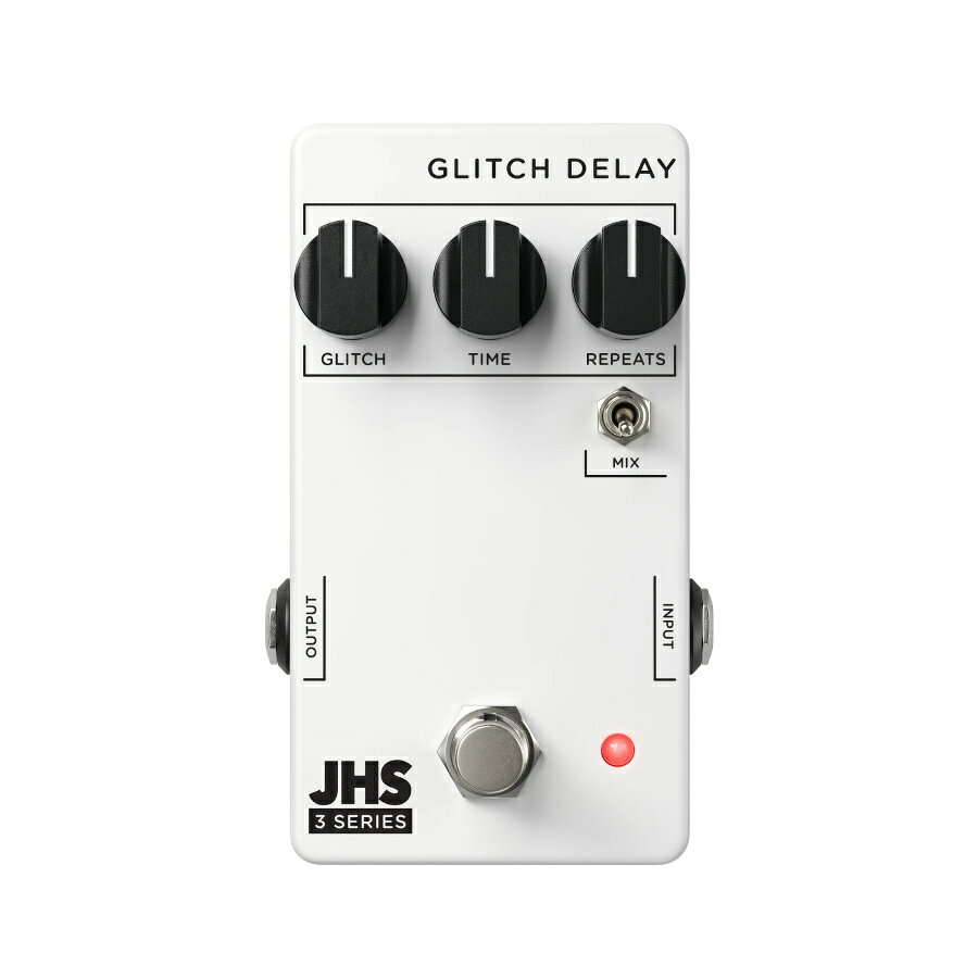 JHS Pedals 3 Series は、品質を損なうことなくハイコストパフォーマンスでシンプルな操作性のペダルを実現するためにデザインされたコレクションです。これらは、ミズーリ州カンザスシティにある JHS Pedals のファクトリーにおいて高品質なパーツを使用し、品質管理など細部にまでこだわり抜いて生産されています。各ペダルは3つのシンプルなコントロールと1つのトグルスイッチで構成されており、ビギナーからプロプレイヤーまで使用できる幅広いサウンドを提供します。お手ごろな価格帯ながら、パフォーマンスにインスピレーションを与え、あなたを新しいサウンドへ導いてくれることでしょう。 GLITCH DELAY は、時間軸に基づくグリッチという一点にこだわり抜いて開発されたディレイペダルです。伝説的な Line 6 DL-4 や、Bill Friesell のアンビエントでぼやけたディレイサウンドに着想を得たこのペダルは、基本のディレイタイムを固定したまま、不規則なグリッチイベントによって再生速度をリアルタイムで変化させます。これにより、ディレイ回路のフィードバックループ内でリピート音が引き伸ばされ、ゆがんだり、曲げられたりします。その結果、テンポを崩すことなく、演奏に合わせて生き生きと動き続けるディレイが生まれます。 GLITCH ノブを反時計回りに回しきると、温かみのある音楽的なディレイペダルとして機能します。グリッチを切ると、どんなセットアップにも馴染むクラシックなディレイ効果が得られます。時計回りに回すとグリッチ発生確率が最大50%まで上昇し（ノブを時計回りに振り切った状態）、各イベントに合わせて LED が点滅します。TIME ノブは20msから980msまで調整可能で、タイトなスラップバックから長いアンビエントパッドまでカバーします。 REPEAT ノブは時計回りに回すにつれて美しいモジュレーションを加え、内蔵リミッターにより、暴走することのない無限のフィードバックを実現します。新しい音は、徐々に消えゆく古いリピートの上に重なります。MIX スイッチは控えめな35%か、より存在感のある80%のいずれかでディレイレベルを設定します。どの設定でも悪くない使いやすいペダルです。 本ペダルのサイズは長さ 11.22 cm × 幅 6.04 cm × 高さ 3.10 cm となります。 電源仕様は DC9V センターマイナス 消費電流値65mAです。 ※当商品は通信販売に限りご用意が可能でございます。実店舗での実機確認・試奏はお受け出来ませんので予めご了承ください。 ※掲載画像はサンプルになります。実際にお届けする商品とは色味や木目が異なる場合がございますのでご了承ください。 お問い合わせ:03-3259-0031　