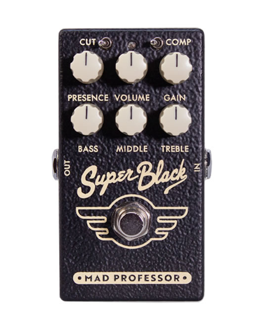 60年代のクラシックなブラックパネルサウンド SUPER BLACK MINIは、60年代のクラシックな「Black Panel」サウンドをコンパクトな筐体に凝縮したペダルです。惜しまれつつ生産完了となったSUPER BLACKの後継機にあたります。 完全アナログ回路で、Black Panelアンプ黄金期のシグナルパスを忠実に再現。さらにヘッドルームを向上させることで、きらびやかな高域とパンチのあるクリーントーンを実現しています。 アンプの音量を上げすぎずに、真空管アンプのブレイクアップサウンドが得られるのも魅力です。フルボリューム時ならではの豊かなダイナミクスやレスポンスも再現します。 使い方も自在です。エフェクトループのリターンやキャビネットIRと組み合わせれば、プリアンプとして使用できます。アンプのフロント入力に接続すれば、トーンシェイパー／ブースターとしても活躍します。ブースターやコンプレッサーなど、他のペダルを前段に繋いだ際の反応も、実機のBlack Panelアンプそのもの。コンパクトなサイズに、往年のBlackPanelアンプの魅力を凝縮した一台です。 ==================================================== [Control] PRESENCE：出力段における高域の量を調整します 。 VOLUME：出力レベルを設定します。 GAIN：ディストーションの量を調整します 。 BASS：低域の量を調整します 。 MIDDLE：プリアンプセクションの中域の量を調整します 。 TREBLE：プリアンプセクションの高域の量を調整します。 CUT：OFF（左）でフルベースレベル、ON（右）にすると低音域をわずかにカット（ハイパスフィルター）。 COMP：OFF（左）でダイナミクスを最大限に活かした状態、ONにすると圧縮が強くなります。 ※ PRESENCE～TREBLEはつまみ、CUT・COMPはON/OFFスイッチ（エフェクトON/OFFのフットスイッチとは別に搭載） [Spec] 消費電力：27mA at 9VDC 入力インピーダンス：400kΩ, 出力インピーダンス：1.5kΩ 駆動電圧：8 -18V トゥルーバイパス 電源：パワーサプライ( センターマイナスø2.1mmプラグ)または 006P/6F22 9V バッテリー ==================================================== ※当商品は通信販売に限りご用意が可能でございます。実店舗での実機確認・試奏はお受け出来ませんので予めご了承ください。 ※掲載画像はサンプルになります。実際にお届けする商品とは色味や木目が異なる場合がございますのでご了承ください。 お問い合わせ:03-3259-0031　