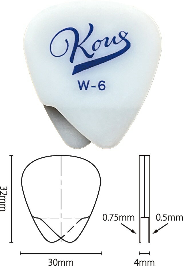 厚さ、形状の違うフラットピック2層を特殊技術で重ねた「Kous W-6 レイヤードピック」 特別なナイロン素材を使用し、柔らかさ、しなやかさを追求。 6弦ギターで12弦ギターに近い音色、輝きを実現します。 ■厚み：約4.0mm ■素材：ナイロン お問い合わせダイヤル：03-3259-0031 ※当商品は通信販売に限りご用意が可能でございます。実店舗での実機確認・試奏はお受け出来ませんので予めご了承ください。 ※掲載画像はサンプルになります。実際にお届けする商品とは色味や木目が異なる場合がございますのでご了承ください。　
