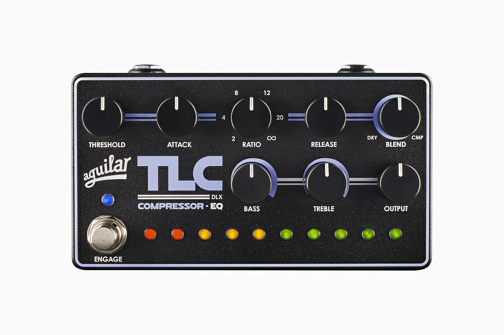 ●オリジナルを継承し、機能は次の次元へ。 TLC Compressor EQ DLXは、お馴染みのTLC Compressorを基に、拡張コントロールとEQを加えた進化モデルです。 Octamizer DLXと同じ先進的なDSPを搭載し、繊細なダイナミクス調整からパンチのあるコンプレッションまで幅広く対応。 ブレンドセクションに加え、新たにベース／トレブルブーストを備え、外部機器無しで低域の厚みや高域の存在感を強化できます。 LEDゲインリダクションメーターにより視認性も向上し、ステージからスタジオまで安定したパフォーマンスを実現します。 ●フル機能コンプレッション＆ビジュアル・モニタリング TLC DLXには、ダイナミクスの変化量を瞬時に視覚化する LEDゲインリダクション・メーターを搭載。 コンプレッションのかかり具合をリアルタイムで確認できるため、セッティングがより素早く、より正確に行えます。 また、異なる楽器や演奏環境でも再現性の高い設定が可能です。 軽いダイナミクスの整えから、積極的なピーク・コントロールまで対応。常に透明感を保ちつつ、音楽的でレスポンスに優れたコンプレッションを実現します。 ●ブレンド・コントロール搭載パラレル・コンプレッション フィールを損なわず、パンチ感と安定感をプラス。 BLENDコントロールにより、未処理（ドライ）信号とコンプレッションされたサウンドをミックスするパラレル・コンプレッションが可能です。 ・アタック感やタッチの繊細さをキープ ・パンチ、サステイン、音の均一感を付加 ・指先の感覚に自然になじむコンプレッション量を調整可能 ●DB 925回路に着想を得た音楽的EQ コンプレッション設定後、TLC DLXはAguilarのクラシックなDB 925ブースト回路にインスパイアされた、BASS、TREBLEのブースト専用EQによるトーンシェイピングを提供します。 ・BASS BOOST：濁りのないまま、低域の厚みと重心をプラス ・TREBLE BOOST：滑らかで音楽的な質感を保ちながら、明瞭さとアタック感を向上。単体でも、コンプレッションと組み合わせても使用可能。ベースサウンドに奥行き、温かみ、パンチ、そして存在感を加えます。 ●ベースのためのコンパクト・チャンネルストリップ TLC DLX は、ペダルボード上で完結する本格的なチャンネルストリップのように機能します。 ダイナミクス・コントロール、ビジュアル・モニタリング、パラレル・コンプレッション、そして音楽的なEQを1台に統合。 実践的な演奏環境で、安定したダイナミクス、洗練されたトーン、直感的な操作性を求めるベーシストのために設計されています。 ●主な仕様 ・高度なDSPプラットフォーム、独自開発アルゴリズム ・独立したコンプレッションとEQコントロール ・ブロードバンド・ブーストのBASS EQおよびTREBLE EQ ・ATTACK、RATIO、RELEASE、BLENDを含むコントロール ・LEDゲインリダクションメーター ・究極の低ノイズ ・9V 500mA電源駆動 外形寸法（W x D x H）145 x 80 x 57 mm ※当商品は通信販売に限りご用意が可能でございます。実店舗での実機確認・試奏はお受け出来ませんので予めご了承ください。 ※掲載画像はサンプルになります。実際にお届けする商品とは色味や木目が異なる場合がございますのでご了承ください。 お問い合わせ:03-3259-0031　