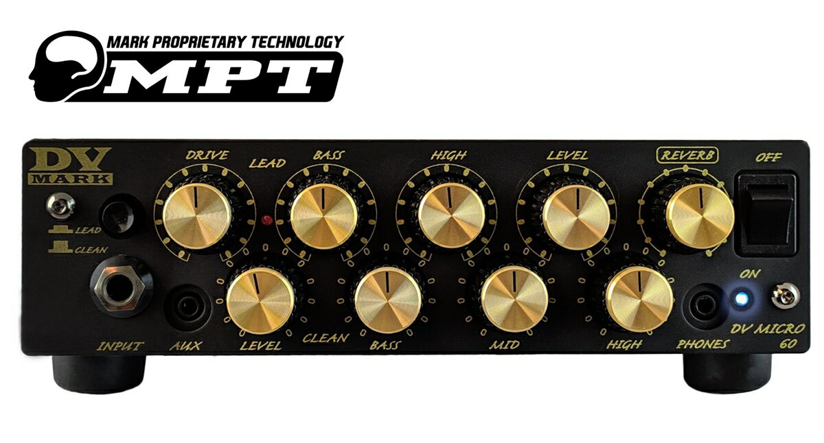 クラシックなサウンドの超小型アンプ・ヘッド 大人気だったDV MICRO50が装い新たにDV MICRO60として登場！バックパックに入れて持ち運べるほど超小型、超軽量ながらも素晴らしいサウンドは、ギターアンプ・ヘッドのニュースタンダードとなった。クラシックなサウンドでエフェクトペダルとの相性も抜群。多彩なサウンドメイクが可能に。 ウルトラポータブル DV MICRO 60は持ち運びしやすい超小型軽量アンプヘッド。重さは1.9kgで片手でも楽々持ち運べる。 DV MARK／Markbass独自のパワーアンプ"MPT" DV MARK／Markbassの創始者Marco De Virgiliisにより研究開発された独自のパワーアンプ""MPT" (Mark Proprietary Technology) を搭載。レスポンスの早さと暖かい自然なサウンドを再現。 オンボードリバーブ 暖かく甘いサウンドのオンボードリバーブを搭載。 センド／リターン FXループ サウンドメイクに重要なFXループを装備。お気に入りのエフェクターなどをつなぐことができる。 AUX IN、ヘッドフォン出力 iPodやMP3プレーヤー用のヘッドフォン出力とAUX INを搭載。いつでもどこでも練習できる。 ■Power : 50W(8Ω)／60W(4Ω) ■PowerAMP : MPT (Mark Proprietary Technology) ■Preamp : Solid State ■Controls : Clean ch : Level／EQ（Bass／Mid／High）, Lead ch : Level／Drive／EQ（Bass／High） ■Channels : 2ch（Clean / Lead） ■Effects : Reverb ■OTHER : AUX IN／Headphone Out／FX Loop／Speaker Out (minimum load 4Ω), Footswitch input for channels switch ■SIZE : 200(W)×70(H)×221(D)mm ■WEIGHT : 1.9kg 付属品：電源コード、正規保証書 お問い合わせダイヤル：03-3259-0031 ※掲載画像はサンプルです。 ※当商品は通信販売に限りご用意が可能でございます。実店舗での実機確認・試奏はお受け出来ませんので予めご了承ください。　