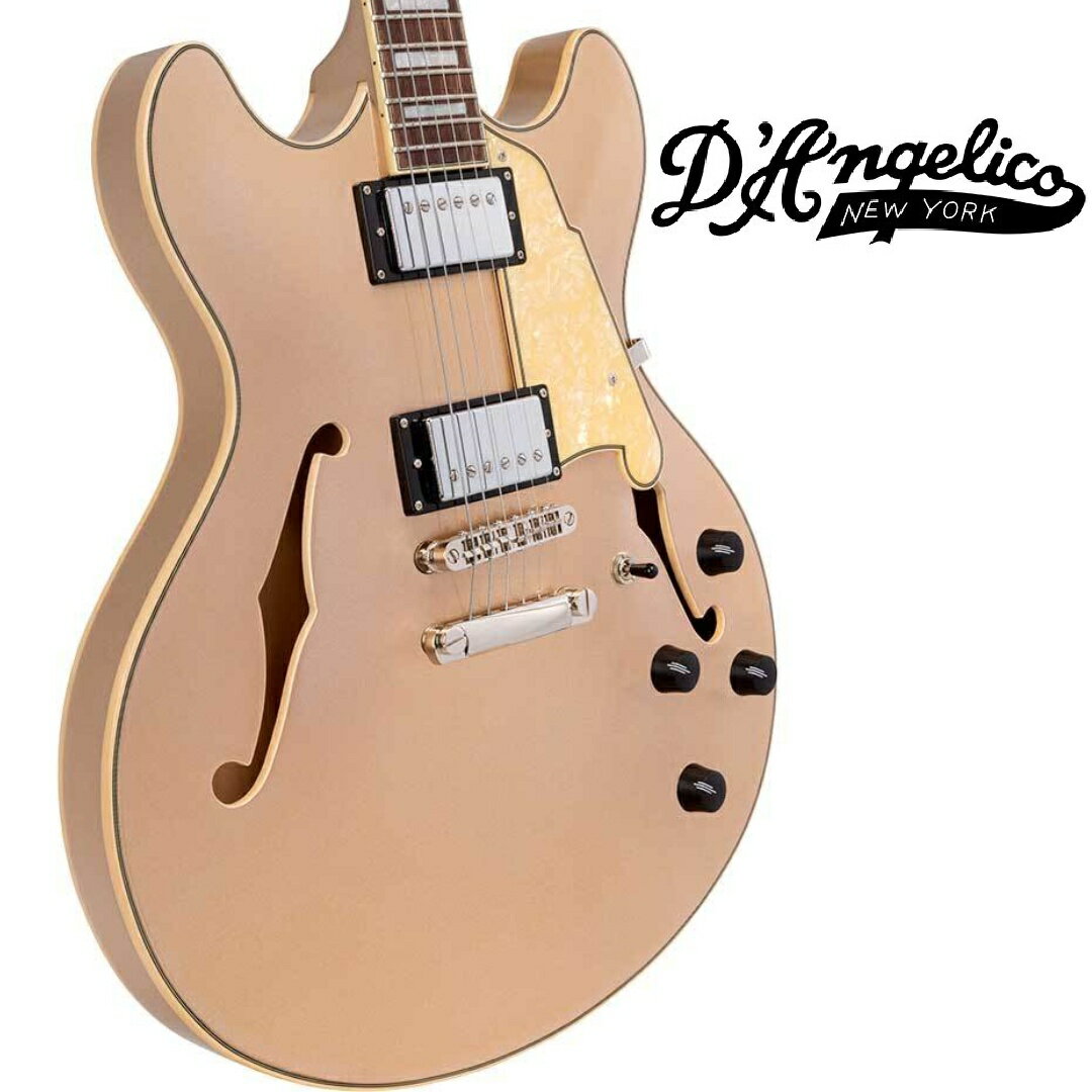 Premier DCは、センターブロック構造をもつ16インチ(406.4mm)幅、1.75インチ(44.45mm)厚のダブル・カッタウェイ・セミホロー・モデルです。 この度新たにデザート・ゴールド、スティール・ブルーの2カラーが加わりました。 ボディー・トップ、ヘッドストックとネックにはバインディングが装飾され、ホワイト・パーロイド・ブロック・ポジションマーカーと組み合わせた高級感のあるデザインです。 メイプル・ボディー、メイプル・ネック＆ローズウッド・フィンガーボードを採用し、ボディー、ネックともにグロス・フィニッシュです。 スケールは24.75インチ(628.65mm)で、セット・ネック・ジョイントを採用しています。またデュアル・アクションのトラスロッドを搭載し、ヘッド側で調整するようになっています。 特徴的なヘッドストック・デザインはディアンジェリコの伝統を継承しています。 トラスロッド・カバーはアルミニウム製で、1930年頃にニューヨークで流行したアール・デコ建築(エンパイア・ステート・ビルディングなど)が建ち並ぶニューヨークの摩天楼にインスパイアされた存在感のあるデザインです。 ピックアップは、ニッケル・カバードのD'Angelicoハムバッカーを2基搭載しています。クリーン・ジャズから激しいロックまで、多様なジャンルに適合するリッチなサウンドを生み出します。 コントロールは2ヴォリューム、2トーン、3ウェイ・ピックアップ・セレクターのレイアウトです。ハードウェアはニッケルで統一しています。 D'Angelicoのロゴ入りギグバッグが付属します。 ==================================================== [Specifications] -HEADSTOCK- ■Headstock Shape: Standard ■Logo Inlay: Mother of Pearl DAngelico New York Logo ■Series Inlay (Front): Mother of Pearl Premier Shield Logo ■Serial Number (Back): Model Name, Serial Number ■Binding: 3-ply ■Finish: Gloss ■Headpin: Cupola ■Tuners: Stairstep, Non-Locking ■Strings: .010-.046 ■Truss RodCover: Aluminum Skyscraper ■Nut Width: 1 11/16”(42.86mm) ■Nut Material: GraphTech NuBone XL -FINGERBOARD- ■Material: Rosewood ■Binding: 3-ply ■Fretwire:Medium Vintage Nickel Silver ■Scale Length: 24.75"(628.65mm) ■Radius: 14"(355.6mm) ■Top Inlay: White Pearloid Block ■Fret Number: 22 -NECK- ■Material: Maple ■Finish: Gloss ■Profile: C-Shape ■Joint Type: Set Neck ■Thickness:1F: 20mm, 12F: 22mm ■Truss Rod: Dual Action -BODY- ■Body Shape: Double Cutaway ■Body Style: Semi-hollow (with centerblock) ■Body Depth:1.75"(44.45mm) ■Body Width: 16"(406.4mm) ■Color: Desert Gold, Steel Blue ■Finish: Gloss ■Top Material: Laminated Maple ■Back Material: Laminated Maple ■Side Material: Laminated Maple ■Binding: 5-ply ■Bridge: Nickel Tune-O-Matic ■Tailpiece: Stopbar ■Pickguard: Cream Pearl Scalini (5-ply) ■Pickup Selector:3-way Toggle ■Knobs: 4 Ebony ■Strap Buttons: Nickel -ELECTRONICS- ■Overview: 2 Humbuckers ■Controls: 2 volume / 2 tone / 3-way toggle switch ■Pickup (Neck): DAngelico Humbucker, Neck (Nickel Cover) ■Pickup (Bridge):DAngelico Humbucker, Bridge (Nickel Cover) ■Pots: 500k ■Output Jack: Standard Mono -GENERAL- ■Hardware Color: Nickel ■Case: Gig Bag ==================================================== 【D’ANGELICO GUITARS】 1932年にニューヨークで誕生した、アール・デコ調のデザインが特徴のギター・ブランドです。伝統的な意匠はそのままに、新たなユーザー層を取り込んだソリッド・ギターの領域まで開拓。飛躍的なスピードでファンを増やしています。 /_/_/_/♪出荷前調整のご要望承ります♪_/_/_/_/ ギタープラネットではご注文頂いた商品は 新品中古問わず検品・調整してから出荷致します。 弦高などの細かなセッティング等、お好みに 合わせての調整も可能ですので、お気兼ねなく お申し付けくださいませ。 /_/_/_/_/_/_/_/_/_/_/_/_/_/_/_/_/_/_/_/_/_/_ ※当商品は通信販売に限りご用意が可能でございます。実店舗での実機確認・試奏はお受け出来ませんので予めご了承ください。 ※掲載画像はサンプルになります。実際にお届けする商品とは色味や木目が異なる場合がございますのでご了承ください。 お問い合わせ:03-3259-0031　