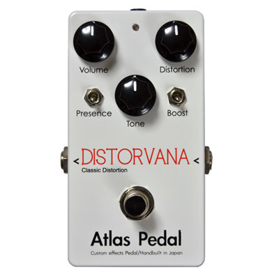 Atlas Pedal 代表：石橋 久志　北海道出身。2012年からブランドをスタート。 目指しているのは、シンプル・イズ・ベスト。 「テーマに基づいた個性」、「無駄のない可変幅」を意識した エフェクターライクなペダルを製作中。 ※文章・画像の無断使用・無断転載は、 固くお断りさせていただきます。 DISTORVANA 繊細でホットな歪みから攻撃的な歪みまでカバーする クラシカル・ディストーション。 オペアンプとCOMSインバーターによる多段増幅回路で構成されており、 一般的なディストーションペダルと同じコントロールながら、 Presenceと Boost のミニスイッチで限られた操作性の中でも 幅広い音色を得られます。 またストレートでクラシカルなディストーションサウンドを活かすため、 歪み回路の後段に配置されたToneはパッシプタイプを搭載。 直感的なキャラクター調節が可能です。 コントロール説明 ■Volume：最終的な音量調節。 ■Tone：パッシブタイプのハイカットトーン。 最終的なトーンキャラクターを調節します。 ■Distortion：オペアンプ回路の増幅をコントロールします。 Boostスイッチと合わせて、好みの歪み感に調節します。 ●ミニスイッチ ■Presence：デフォルトはダウンポジション。 アップポジションにする事で、Toneとは違うニュアンスで オープンな響きが得られます。 ■Boost：デフォルトはダウンポジョン。アップポジションにする事で、 Gainアップと同時に微妙に低域をプッシュします。 Altas Pedal "Advanced line" の共通仕様 ■トゥルーバイパス。 ■DC9V(2.1mmプラグ、センターマイナス)、9V 006Pバッテリーの使用可能。 ■ケースサイズ：縦121mm×幅66mm×高40mm (スイッチなどの突起部を含まない)。 お問い合わせフリーダイヤル:0120-37-9630　