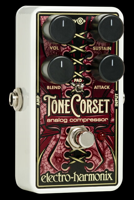 Tone Corset は、ギターのトーンの理にかなった方法で圧縮する EHXの新しい4ノブタイプのコンプレッサー。 マイク・マシューズ曰くこのTone Corsetは、今までのアナログコンプレッサーの中で 最もファンキーなアナログコンプレッサーとのこと。 Specs 4ノブは素晴らしいコントロール性を提供するようデザインされており、 楽器のダイナミクスを正確に形成します。 Sustain ノブはギターシグナルへのコンプレッション量をコントロールします。 Attack ノブはコンプレッションがかかるまでの速さを調節します。 Blend ノブはドライシグナル（原音）とコンプレッションシグナル（ウェット音）の ミックスバランスを調節します。 Volume ノブは全体の出力レベルをコントロールします。 Pad スイッチは、高出力のハムバッカーピックアップを搭載したギターやベースなどを Tone Corsetに接続した際に予期しない歪みが発生するのを防ぐため インプットシグナルを下げることができます。 トゥルーバイパス方式を採用 9V バッテリー駆動可能 付属品：正規保証書 お問い合わせフリーダイヤル:0120-37-9630　