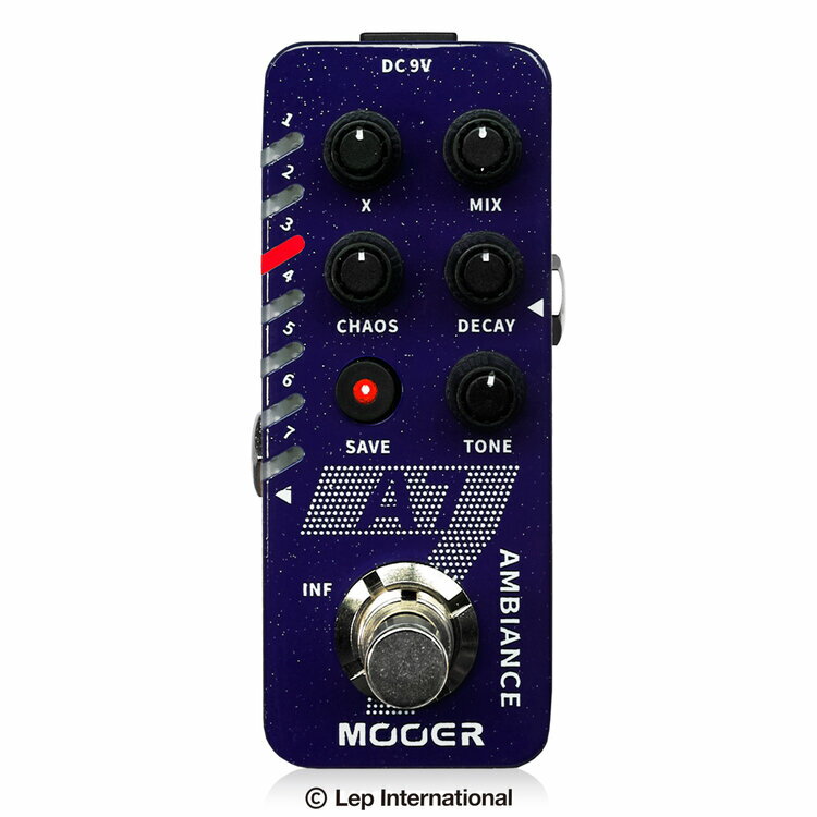 Mooer / A7 ムーアー / エーセブン Mooer A7は、クラシックなトーンからサイケデリックなサウンドまで、 7種類のアンビエントエフェクトを収録した小さなリバーブペダルです。 幻想的で美しい現代的なトーンをかなで、 さらにそれらの設定をプリセットすることも可能です。 リバーブをフリーズして持続されるINFINITE Trail機能に加え、 エフェクトOFF時に残響を残すTrail On機能も搭載。 7種類のリバーブサウンドは、 それぞれセッティングをプリセットすることができます。 ●特徴 ・クラシックからサイケデリックまで、 多彩な7タイプのリバーブエフェクトを収録 ・INFINATE Trailと、より現代的なTrail On機能を選択可能 ・バッファードバイパスとトゥルーバイパスを選択可能 ・各エフェクトタイプごとにプリセットを保存可能 ・USBからのファームウェアアップデート対応 ●コントロール ・DECAY：リバーブの長さ（ディケイ）を調整します。 ・TONE：リバーブサウンドのトーンを調整します。 ・X：リバーブのスペース（空間の広さ）を調整します。 ・CHAOS：スペシャルエフェクトのコントロールです。 ・MIX：ドライとウェットのバランスを調整します。 ・SAVE：プリセットを保存します。 ・フットスイッチ：エフェクトON/OFFをを切り替えます。 長押しするとINFINITE Trailとなります。 お問い合わせフリーダイヤル:0120-37-9630　