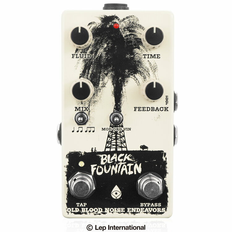 オールドブラッドノイズエンデヴァーズ / ブラックファウンテンブイスリーウィズタップテンポ Old Blood Noise Endeavors Black Fountain V3 w/ Tap Tempoは、 テープエコーよりもさらに古いスタイルの“オイル缶ディレイ”の サウンドをエミュレートしたディレイペダルです。 オイル缶ディレイ特有のコーラスライクなモジュレーションと 美しく暖かなリピートサイクルを再現しています。 かつて扱いにくかったそのサウンドは、正しく制御されたコントロールと 3つのモードにより扱いやすくなり、 あのサウンドを最高の状態でいつでも使えるようになりました。 Black Fountain V3はMOD/ORG/VINスイッチで Modern、Vintage、Organの3つのモードを選択できます。 Modernモードではクラシックな“オイル缶”タイプの ロングディレイサウンドを作ることができます。 かつてのMorley EDL、Tel-Ray Model 10、そしてFender Echo-Reverbが奏でた サウンドに近い音色です。TimeとRepeatコントロールは、 これらのヴィンテージユニットの動作に近いものとなり、 Fluidコントロールでは、オイル缶内部のオイルの“揺らぎ”によって発生する 特徴的なモジュレーションを調整します。 簡単に言えば、どれだけオイルが揺れるかを調整します。 VintageモードではModernモードと機能的には変わりませんが、 ヴィンテージアナログディレイのような、 リピート音に軽い濁りとダーティさが加わります。 どちらのモードでもディレイタイムは約30msから1秒弱まで設定できます。 Organモードでは、有名なヴィンテージオイル缶ショートディレイ、 Tel-Ray Deluxe Organ ToneやFender Dimension IVの音色を再現します。 ヴィンテージユニットではディレイタイムが20msに固定されていますが、 Black Fountain V3では最大211msまで、 ディレイタイムを設定することができます。 また、Mixコントロールにより100％ウェットの設定もでき、 ヴィブラートトーンを作ることもできます。 Organモードでは、さらにオリジナルヴィンテージDeluxe Organ Toneに 内蔵されたスプリングリバーブサウンドも再現しています。 さらに、タップテンポスイッチを搭載。 フットスイッチを2回タップするとテンポを設定。 サブディビジョンスイッチにより、 そのテンポの4分音符、8分音符、3連符のディレイタイムに設定できます。 さらに、タップスイッチを長押しすることで フィードバックが瞬間的に最大となります。 また、エクスプレッションペダルにも対応。 エクスプレッションペダルによりTIME、FEEDBACKコントロールを 個別または同時にコントロールできます。 コントロールするパラメータは内部スイッチで設定することができます。 ●コントロール MIX：エフェクトシグナルとクリーンシグナルのバランスを調整します。 最小設定では完全なクリーンシグナルとなり、 最大ではエフェクトシグナルのみとなります。 TIME：ディレタイムを設定します。Modern、Vintageモードでは1秒弱ms、 Organモードでは211msまでのディレイタイムを設定できます。 FEEDBACK：ディレイシグナルのリピート回数を設定します。 最大に設定しても発振はしません。 FLUID：ディレイシグナルのモジュレーションを設定します。 最小設定にすればモジュレーションはかかりません。 Black Fountain V3はスタンダードな センターマイナス9VDCアダプターで動作します。 消費電流は90mAです。電池はお使いになれません。 ●アートワーク Black Fountain V3のオイルが溢れ出るようなアートワークは Steel Bisonのサム・ラーソンによるものです。 サムはマイクロ水彩ペンを使った極小イラストでも有名です。 Old Blood Noise Endeavorsではペダルの持つ音色や特徴を伝えるため、 ペダルのデザインは非常に重要だと考えています。 しかし、Old Blood Noise Endeavorsでは回路の“デザイン”はできても、 イラストを描くことができません。 Old Blood Noise EndeavorsのBrady Smithが数ヶ月の ロードワーキングで知り合った、ツアーマネージャーが、 偶然にもサム・ラーソンの相棒だったのです。 Old Blood Noise Endeavorsはサムと共に芸術について語り、 アートワークを完成させました。 お問い合わせフリーダイヤル:0120-37-9630　