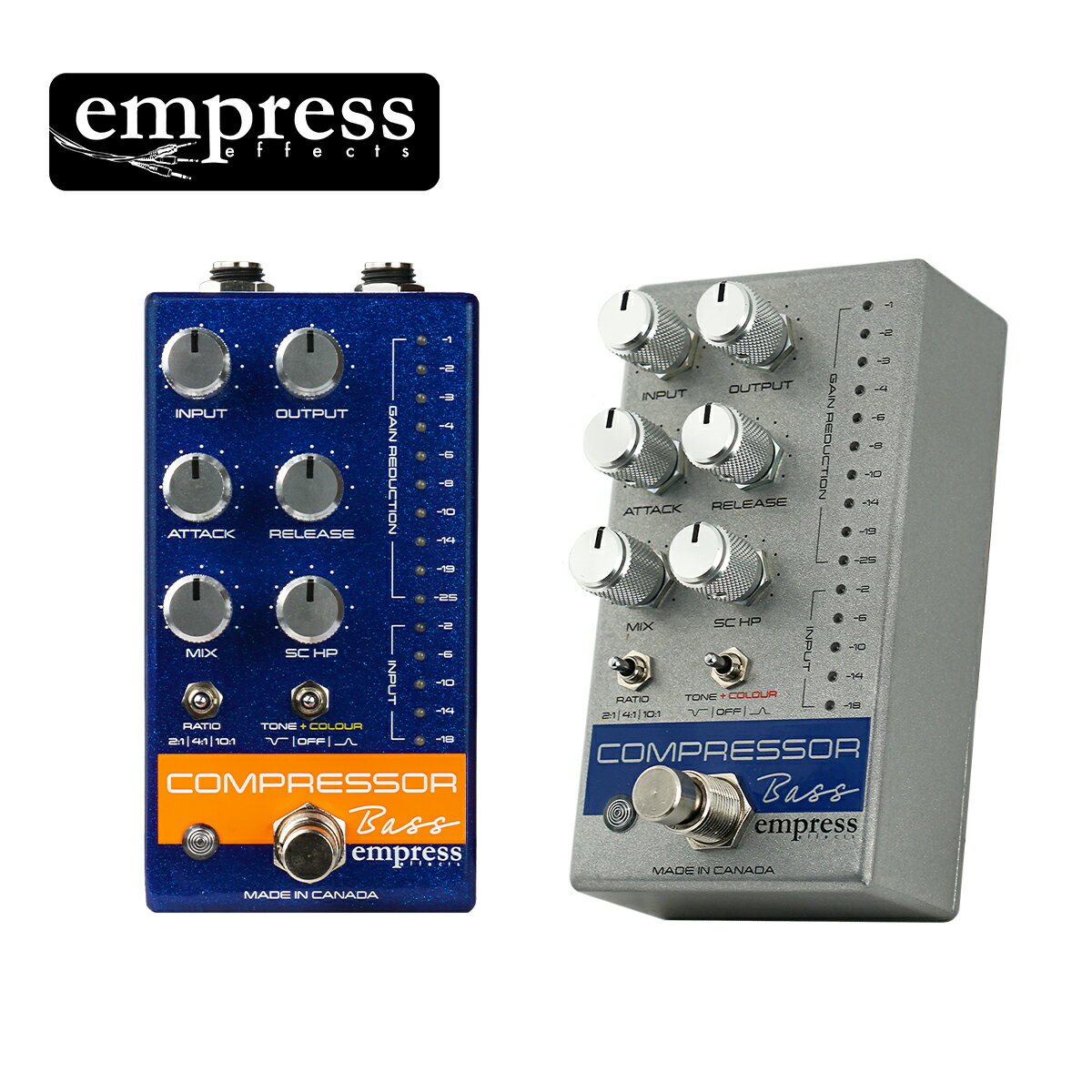 Empress Effectsの定番コンプレッサー・ペダルが更に進化！「Compressor MKII」とベース専用の「Bass Compressor」が登場！ NAMM2020で発表されたEmpress Effectsの新しいコンプレッサーペダル "Compressor MKII" が遂に出荷開始となります！ 従来モデルのプロフェッショナルな音質と機能性はそのままに、 MKIIでは "Tilt" トーンEQコントロール、 そして調整可能なサイドチェインハイパスフィルターが内蔵されました。 さらに大幅なサイズダウンも実現、最強のコンプレッサーペダルに仕上がっています。 更に！NAMM2020ではシークレットだった "Bass Compressor" も同時アナウンスされました！ こちらはフルコントロールのサイドチェインハイパスフィルターと、 2ポジションの”Tone + Colour”スイッチを備え、低域の周波数帯へのレスポンスを拡大するなど、 特別なチューニングを施したベース専用モデルです。 Compressor MKII、Bass Compressor共に、 美しいブルー＆グレーカラーの2色からお選びいただけます。 国内出荷開始は12月頭頃を予定しております。 Empress Effects Bass Compressor High-End Comp/Limitter for BASS レコーディング・スタジオ品質のコンプレッサーを足下に。 様々な機能が追加されたベース用チューンバージョン！ 2011年にリリースされた前モデルのCompressorは、 圧倒的な称賛を持って迎えられました。 多くのシンプル過ぎるコンプレッサーペダルからから一歩踏み出し、 スタジオグレード機器同等のコントロールを搭載し、 プロフェッショナルなサウンドメイクを達成するCompressorは ギターだけでなくベースでも最高のサウンドをアウトプットしましたが、 Empressはさらなる高みを目指します。 ベース・ギター用にチューニングされたBass Compressorの登場です。 前モデル同様の通常ハイエンドなスタジオ機器でしか見られないコントロールは 微細な設定を可能にし、プロフェッショナルなサウンドメイクを手助けします。 更に完全にコントロール可能なサイドチェインハイパスフィルターと、 2つのポジションの”Tone + Colour”スイッチで豊かなキャラクターを与えます。 従来のペダルコンプレッサーでは、ダイナミクスの制御と引き換えに どうしてもサウンドの精彩を欠いてしまう事が多かったのが事実です。 Bass Compressorでは音楽表現や繊細なタッチを見事に制御しサウンドを見事に整えます。 間違いなくすべてのベーシストにとって手放せない一台となるでしょう。 Compressor MKIIとBass Compressorの違い ・MKIIのサイドチェインハイパスフィルターは2つの周波数オプションから選択するのに対し、 Bassは20Hz &#8211; 400Hzの間をノブで自在に設定が可能です。 サイドチェインのハイパスフィルターは飛び出るハイエンドを整えつつ、 同時にローエンドを完全に潰しすぎないよう、特 にベースのような低域の情報量が多い楽器に対して非常に効果的です。 ノブでフルに設定可能にすることで、より正確にフィルターをコントロールできます。 ハイパスフィルターはそれほどギターでは重要でありませんが、 MKIIにもフィルターオプションを搭載することで幅広いサウンドメイクを可能にしています。 ・MKIIのToneノブに対して、Bassでは”Tone + Colour”スイッチが搭載し、 ベースのキャラクターに最適化された2つのプリセットEQカーブが用意されています。 1つは300Hzを中心としたミッドスクープで低域を僅かにブーストし、 もう1つは2kHzを中心としたミッドブーストです。 ブーストは弦の響きとピックアタックを際立たせよりアグレッシブに、 スクープは濁りを取り除きウォームさが心地よいトーンへ変化させます。 Colour回路はEQカーブのいずれかをオンにすると有効になります。 この回路はマイルドなクリッピングから構成されており、 僅かなハーモニックディストーションを加えます。 また僅かにボリュームもブーストされ、 ベースに最適な相性となるようにフィルタリングも追加されています。 実際ギターとの組み合わせもグッドなのですが、 ベース用にスペシャルなものを作りたかったのです！ 内部のDIPスイッチで、EQシェイプから独立してColour回路をオフに設定も出来ます。 ・Bass Compressorは低域の周波数帯へのレスポンスが拡大されています。 特にInputノブを低く設定した軽いコンプレッション時に、 豊かな低域を感じられるでしょう。 Bass Compressorの特徴 ・オールアナログシグナルパス: デジタル処理は一切ナシ。完全なるアナログサウンドが保たれます。 ・究極のトランスペアレント・サウンド: 楽器本来のサウンドをマスクすることなく、自在なダイナミクスコントロールを可能に。 ・Ratio: 2:1, 4:1, 10:1から選択し、幅広いサウンドに対応。 ・Attack / Release: スタジオグレード機器同等の、独立したアタック/リリースコントロール。あらゆる状況に最適なコンプレッションを微細に達成できます。 ・Mix: Dry/Wet(コンプレッション）の比率を自在に設定し”パラレル・コンプレッション”を可能に。ダイナミクスやサスティンを的確に整理しながら、一切の原音ニュアンスを失いません。 ・メーターリング: インプットゲイン/ゲインリダクションレベルを視覚的に表示するLEDメーター搭載。 ・Tone + Colour: ミッドレンジのカット/ブーストと、マイルドなハーモニックディストーションを加えてリッチなキャラクターを増強します。 ・Sidechain Send/Return: TRS3.5mmインサートで、サイドチェイン（特定の帯域へのコンプレッションを個別にコントロール）が可能になります。スタジオ録音のテクニックを達成できます。 ・Sidechain High Pass Filter: サイドチェインにハイパスフィルターを装備。これで別にフィルターを接続する必要はありません！フィルターは20Hz-400Hzを自在に設定可能で、選択した帯域へのコンプレッションを微細に調整。プロフェッショナルなサウンドメイクを実現します。 ・Improved Low End Frequency: 低域へのレスポンスを拡大し、更にベースへ最適なチューニングへ。 ・True Display LEDs: ブライトなマルチカラーLEDで、コンプレッションの情報を正確に伝えます。 ・True Bypass: ペダルをバイパス時にはシグナルに一切影響を与えません。 ・Small Size, Beautiful Case: 前モデルCompressorの全ての機能を網羅しながら、ほぼ半分へサイズダウン。スパークルが美しいブルーとグレーカラーからお選びいただけます。 付属品:正規保証書 お問い合わせフリーダイヤル:0120-37-9630　