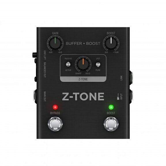 ライブ・リグに最高のトーンとブーストを [Z-TONE を搭載したプリアンプ/DIペダル] Z-TONE Buffer Boost は、インピーダンスを連続的に調整する Z-TONE、JFET / PURE スイッチ、ACTIVE / PASSIVE のピックアップ・セレクターといった AXE I/O 譲りの機能に加え、バッファーとブースト機能を搭載するプリアンプ/DIペダルです。クラス最高のダイナミックレンジと周波数特性を実現しており、ステージやスタジオを問わず、高品位な楽器用プリアンプとしてお使いいただけます。 ギター / ベースのトーンの質感を調整できるのはもちろん、複数のエフェクトペダルを使用する際に本来のトーンを保持するバッファーとして、また最大 +10 dB ゲインのブースターとして、エフェクトチェーンの初段に入れることで大きな効果が得られます。 【主な特徴】 ●ACTIVE / PASSIVE ピックアップ選択スイッチ ●色付けのない、透明で正確な PURE モード ●倍音とあたたかさを付加する JFET モード ●入力インピーダンスを連続的に調整する Z-TONE サーキット ●複数のエフェクターを連結した場合や、長いケーブルを使用したときに本来のトーンを保持するバッファー機能 ●ボリュームを最大 +10 dB 加えるブースター機能 ●エフェクターに信号を送るだけでなく、同時にミキサー/インターフェイスにも出力可能 ●ハム・ノイズを抑えるグランド・リフト・スイッチ付き ●デザインから製造まで一貫してメイド・イン・イタリー [理想のフロントエンド] Z-TONE Buffer Boost は、最高クラスのダイナミックレンジと周波数特性を実現し、あらゆる種類のギター、ピックアップ、演奏スタイルに合う最適なサウンドが得られます。 [ピックアップの選択] PASSIVE パッシブ・ピックアップからの入力を最高のトーンで増幅する回路です。低出力のビンテージ・ピックアップから、最新のハムバッカーまで対応します。 ACTIVE アクティブ・ピックアップを使用する場合に、不要なゲイン・ステージをバイパスすることで、ダイレクトでクリーンなサウンドが得られます。 [モードの選択] JFET わずかな倍音を付加するクラスAのディスクリートJFETモードです。ミッドレンジにあたたかみが加わります。 PURE 色付けのない、完全に透明で正確なサウンドです。 [未体験のトーンとフィーリング] ギター / ベースのピックアップは、接続する機器のインピーダンスによってトーンが変わります。Z-TONE Buffer Boost は、このインピーダンス値の違いによるトーンの変化に注目し、開発されています。 Z-TONE Buffer Boost は、入力インピーダンスを連続的に調整できることで話題となった AXE I/O と同じ Z-TONE 回路を搭載しており、入力インピーダンスを 2.2 kΩ（BOLD）から 1 MΩ（SHARP）の間で調整可能です。インピーダンス値を大きくするとよりシャープに、小さくするとより柔らかなトーンに変化する傾向があります。 Z-TONE を使えば、従来のエフェクトチェーンにおいてより理想に近いサウンドを作ったり、これまでにないトーンを生み出したり、1本のギターや既存のエフェクター群を使ってより幅広いサウンドを生み出せるようになるでしょう。 [パンチのあるエフェクト・リグへ] Z-TONE Buffer Boost には、ボリュームを最大 +10 dB 加えるブースト機能が搭載されています。ここぞという時にブースト機能をオンにすれば、音量とドライブ感が増加し、パンチのあるサウンドが得られます。 [常に最高のサウンドを] 長いケーブルの取り回し、複数のストンプが並ぶペダルボード上での結線により、ギターの信号は劣化していきます。Z-TONE Buffer Boost には、このような信号劣化を防ぐための機能が内蔵されており、音色本来のトーンを保持するバッファーとしてもご利用いただけます。 Z-TONE Buffer Boost は、9V電池、別売の9V電源アダプター、XLR端子経由の +48V ファンタム電源で動作するので、既存のエフェクター・リグの一部として簡単にお使いいただけます。 [接続オプションも充実] Z-TONE Buffer Boost には、入力信号をエフェクターに出力する LINK OUT に加え、ハム・ノイズに対処するグランド・リフト・スイッチ付きのXLRバランス・アウト、1/4インチ標準のアンバランス・アウトを搭載しています。 LINK OUT 経由でエフェクターやアンプを鳴らすことはもちろん、XLRまたは標準端子の低ノイズのDI信号をミキサーやインターフェースに送ることも可能。 9V電池、別売の9V電源アダプター、XLR端子経由の+48vファンタム電源で動作しますので、ステージに応じて最適な電源供給方法を選択できます。 [フルバージョンの AmpliTube ソフトウェアが付属] Z-TONE Buffer Boost には、AmpliTube 4 など、人気のギター・エフェクト＆アンプ・モデリング・アプリ / ソフトウェアが付属します。 さらに、アンプやストンプ・エフェクトは、280種を超える膨大なギアから欲しいものだけをアラカルトで追加購入することもできます。Fender&#174; や Orange&#174;、Mesa-Boogie&#174; といった著名ブランド公認のギアから、Slash や Jimi Hendrix、パンテラの Dimebag Darrell といったギター・ヒーローが実際に使用していたギアまで、豊富なモデリングが用意されています。憧れの音色を、あなたのものとしましょう！ [オーディオ・スペック] 入出力ゲイン : （GAIN が 0dB、Z-TONE が SHARP のポジション時）1/4インチ入力端子から 1/4インチおよびXLR出力においてユニティーゲイン ゲインレンジ : -8 dB 〜 +8 dB ブーストレンジ : 0 dB 〜 +10 dB 入力インピーダンス（PASSIVE モード設定時）: 1 MΩ から 2.2 kΩ まで可変 入力インピーダンス（ACTIVE モード設定時）: 約 20 kΩ 出力インピーダンス（アンバランス出力）: 56 Ω 出力インピーダンス（バランス出力）: 600 Ω クリッピングまでの最大入力レベル（48Vファンタム電源使用時） :+13 dBm クリッピングまでの最大入力レベル（9V電池使用時）: +9 dBm ダイナミックレンジ（入力ゲイン 0 dB 時）: 両出力とも 114 dB(A) 以上 全高調波歪み（バランス出力、1 kHz、+4 dBm 入力）: 0.0033%（PURE）、0.2%（JFET） 全高調波歪み（アンバランス出力、1 kHz、+4 dBm 入力）: 0.00055%（PURE）、0.2%（JFET） 周波数特性 : 5 Hz から 30 kHz まで -1dB 位相偏差 : 20 Hz から 20 kHz まで 0°±10° [電源] ファンタム電源 : +48V（バランス出力端子から） ファンタム電源からの消費電流 : 6.5mA バッテリー電源 : 9V（乾電池別売） ACアダプター : iRig PSU 9175（別売） 付属品：正規保証　