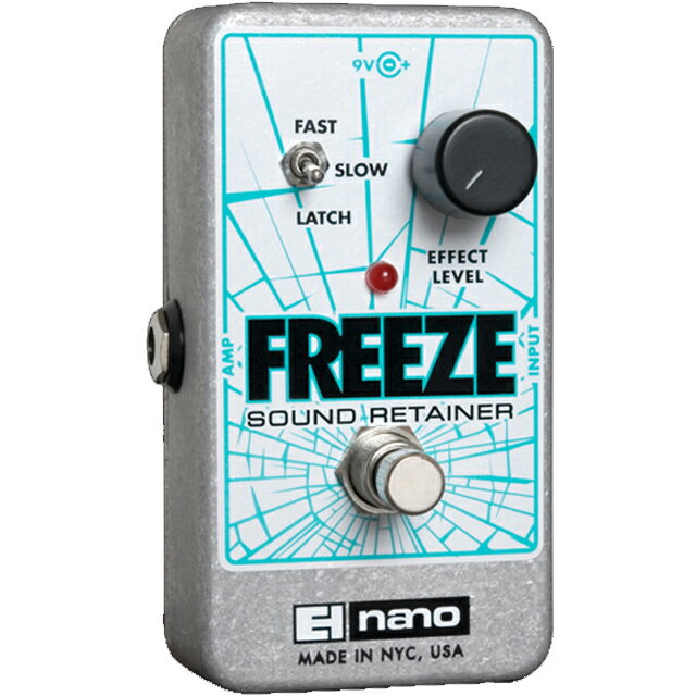 【Overview】 Freeze は、単音やコードに無限のサステインを与えます。 サウンドをフリーズして鳴らしたままにして、 さらにその上にプレイを重ねられるので、 複数のプレイヤーが弾いているような効果を生み出せます。 他のエフェクターと組み合わせればさらに独創的な効果を得られます。 【Specs】 ●3タイプのモードを選択可能 ・【Fast】スイッチを踏んでいる間だけその時点の音を継続。 ・【Slow】スイッチを踏んでいる間だけ音を継続しますが、エフェクト音はフェードインして、スイッチを離すとエフェクト音はフェードアウトします。フェードスピードは設定可能です。 ・【Latch】スイッチを踏んだその時点の音を継続し、離しても音は継続したままです。もう一度踏むと新たに踏んだ時点の音に切り替わります。音を消すにはスイッチを素早く2度踏みます。 ●寸法：72mm(W) x 110mm(D) x 50mm(H) 240g ●電源：9V DC センターマイナスアダプター JP9.6DC-200（付属） お問い合わせフリーダイヤル:0120-37-9630　
