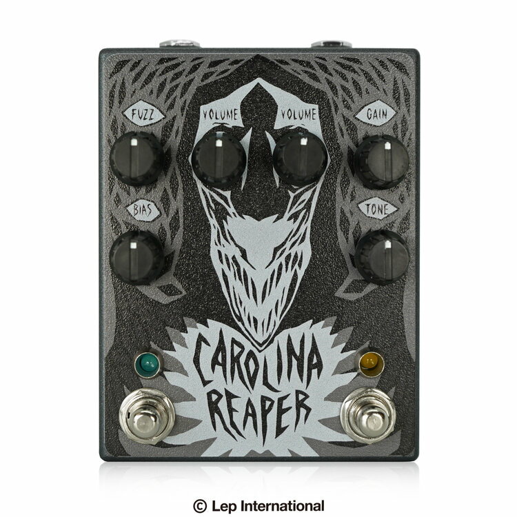 Cusack Music / The Carolina Reaperキューザックミュージック / ザカロリーナリーパー Cusack Music The Carolina Reaperは、Cusack Musicと新進気鋭の ハンドメイドエフェクターブランド、Haunted Labsとのコラボレーションで制作される デュアルファンクションペダルです。 オーバードライブとファズを1台にまとめ、それぞれを個別に使用することも、 同時に使って莫大なゲインを作ることもできます。 Cusack Musicの開発したオーバードライブセクションは、 少し歪み感のあるブーストからワイドレンジで圧倒的なゲインまで、 自分だけの音を作ることができます。 Haunted Labsの開発したファズセクションは、暖かでスムースなクラシックファズを基本としながら、 クリーンからローゲインでクリーミーなファズまでをカバーします。 バイアスコントロールで歪みのエッジを調整することもできます。 ●コントロール レフトサイド（ファズ） VOLUME：ファズの音量を調整します。 FUZZ：ファズの歪みを調整します。 BIAS：ファズのバイアスを設定し、歪み方や音色を調整します。 内部トリムポット：BIASノブを組み合わせ、ファズのバイアスをさらに微調整します。 ライトサイド（オーバードライブ） VOLUME：オーバードライブの音量を調整します。 GAIN：オーバードライブの歪みを調整します。 TONE：オーバードライブの音色を調整します。 Cusack Music The Carolina ReaperはスタンダードなセンターマイナスDC9Vアダプターで駆動します。 動作電流は30mAです。 種類：オーバードライブ、ファズ アダプター：9Vセンターマイナス 電池駆動：- コントロール：FUZZ、BIAS、VOLUME、GAIN、TONE、VOLUME お問い合わせフリーダイヤル:0120-37-9630　