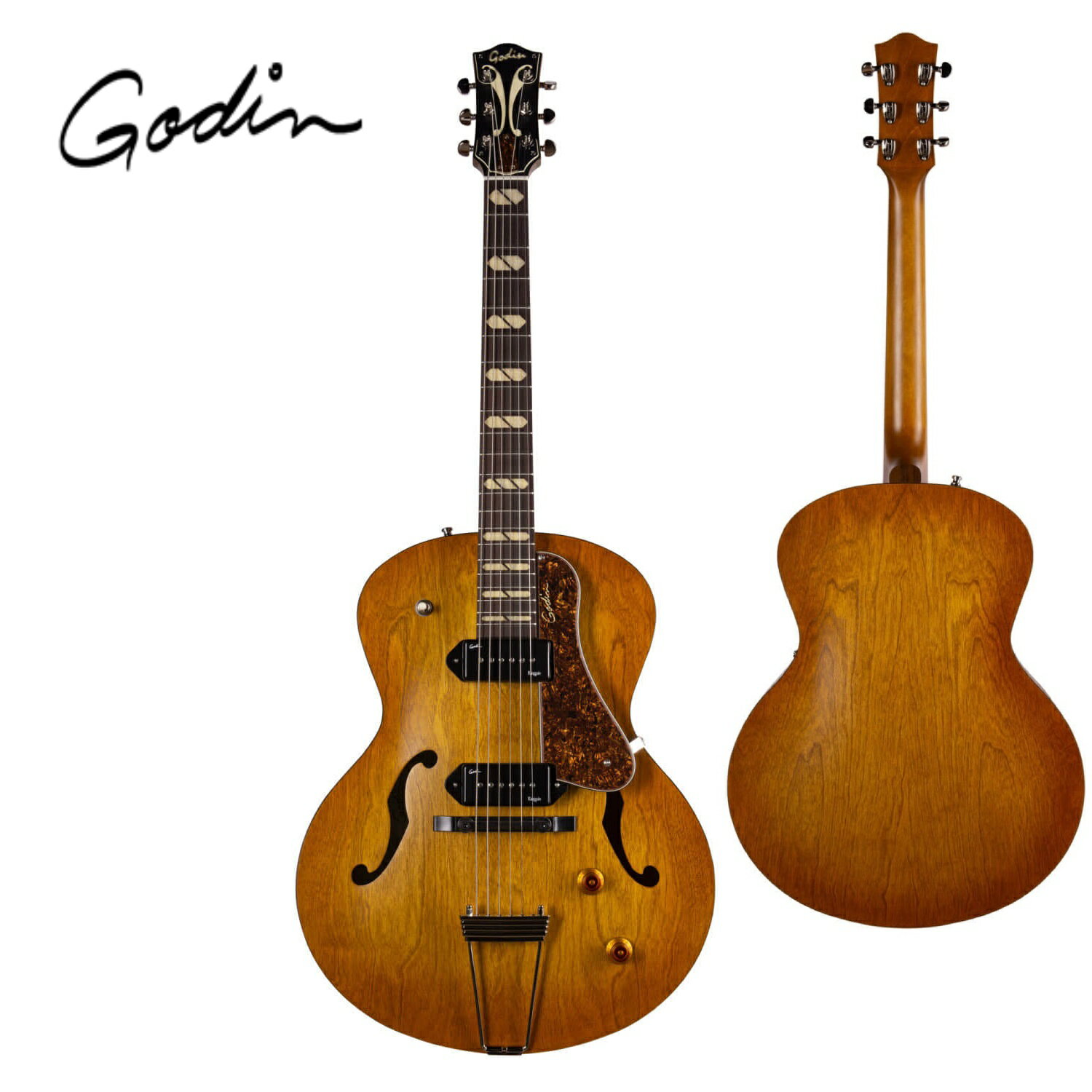 5th Avenue Jumbo P90 Harvest Goldは、50年代から60年代のヴィンテージサウンドを現代に蘇らせた次世代アーチトップギターです。 このモデルは軽量で反応性に優れたカナディアンワイルドチェリーのジャンボボディを使用しており、ディープでまろやかなトーンを実現します。シルバーリーフメイプルネックとの組み合わせで従来のアーチトップギターよりも低・中音域が豊かで、ダイナミックで豊かなトーンを奏でます。 ディープな「ジャンボ」ボディ設計により甘くまろやかな丸みを帯びたクラシックなヴィンテージ・トーンを奏でます。アルトカントリー、デルタブルース、スライド、ジャズからロックまで、プラグドでもアンプラグドでも、その魅力を存分に発揮します。 フロントとリアに搭載されたGodin Kingpin P90シングルコイルピックアップは、プラグドでもアンプラグドでもクリアで力強い存在感のあるトーンを提供します。 クラシックなFホール、輪郭のあるハイグロスヘッドストック、フローティングピックガード、クリームバインディング、カスタムポリッシュフィニッシュの素朴な美しさは、19世紀を彷彿とさせる華やかな美しさを演出しています。 このギターは、ジャズからロックまで幅広いジャンルに適応し、様々な演奏スタイルでその魅力を発揮します。 Features ・ボディ材：カナディアンワイルドチェリー（トップ、サイド、バック） ・ネック材：シルバーリーフメイプル ・フィンガーボード：ローズウッド ・フィンガーボード半径：R16″ (406.4mm) ・ブリッジ：Graphtech Adjustable Tusq Bridge ・テールピース：Trapeze Tailpiece ・ピックアップ：Godin Kingpin P90 Single Coil（フロント・リア） ・コントロール：1x Tone, 1x Volume ・フレット数：21 ・ナット幅：1.72″ (43.688 mm) ・スケール：24.84″ (630.936 mm) ・フィニッシュ：セミグロス ・サイズ：L1034 x W410 x D129 mm -Spec- トップ材 : カナディアンワイルドチェリー ボディ材 : カナディアンワイルドチェリー ネック材 : シルバーリーフメイプル フィンガーボード材 : ローズウッド フィンガーボードR : 16"(406.4mm) フレット数 : 21 ナット材 : Graphtech ナット幅 : 1.72" (43.688 mm) スケール : 24.84" (630.936 mm) ブリッジ : Graphtech Adjustable Tusq Bridge テールピース : trapeze tailpiece フロントピックアップ : Godin Kingpin P90 Single Coil リアピックアップ : Godin Kingpin P90 Single Coil コントロール : 1x Tone, 1x Volume フィニッシュ : セミグロス 製品サイズ : 1034 x 410 x 129mm（ボディサイド76mm） 生産国 : カナダ 付属品:ギグバッグ、正規保証書 ※当商品は通信販売に限りご用意が可能でございます。実店舗での実機確認・試奏はお受け出来ませんので予めご了承ください。 ※掲載画像はサンプルになります。実際にお届けする商品とは色味や木目が異なる場合がございますのでご了承ください。 /_/_/_/♪出荷前調整ご要望承ります♪_/_/_/_/ ギタープラネットではご注文頂いた商品は 新品中古問わず検品・調整してから出荷致します。 弦高など細かなセッティング等、お好みに 合わせて調整も可能ですで、お気兼ねなく お申し付けくださいませ。 /_/_/_/_/_/_/_/_/_/_/_/_/_/_/_/_/_/_/_/_/_/_ お問い合わせ:03-3259-0031