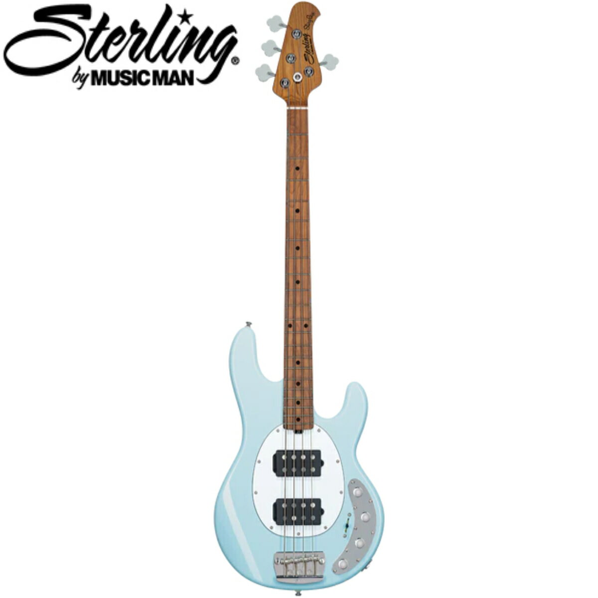 ～スティングレイHH～ デュアル ハムバッカー StingRay RAY34 ベースは、Sterling by Music Man 設計のピックアップ 2 基、ロースト メイプル ネック、3 バンド アクティブ プリアンプを備え、StingRay 特有の力強く大胆なサウンドに加え、多彩な音色を実現します。 ～象徴的なスティングレイトーン～ StingRay RAY34 HH は、5 ウェイ スイッチと 3 バンド アクティブ プリアンプを備えた 2 つのアルニコ ハムバッキングを搭載しており、さらに幅広い音色で象徴的な StingRay サウンドを実現します。 ～ローストメープルネック～ 非常に滑らかな感触を実現するよう設計されたこの StingRay は、ロースト メイプル ネックと、ロースト メイプルまたはローズウッドの 2 種類の指板オプションを備えています。 《SPEC》 モデル:RAY34HH ボディウッド:マホガニー ボディカラー:ダフネブルー ブリッジ:ミュージックマン設計のスターリングブリッジ ピックガード:ホワイト スケール長:34インチ（86.4cm） ネックラディアス:9.5インチ（24cm） フレット:21フレット、ミディアム ネック幅:ナットで1.69インチ（43mm）、最終フレットで2.44インチ（62mm） ネックウッド:ローストメープル 指板:ローステッドメープル フレットマーカー:ブラックドットマーカー チューニングマシン:オープンギア トラスロッド:デュアルアクション ネックアタッチメント:6ボルトパターン コントロール:3バンドアクティブプリアンプ スイッチング:5ウェイトグルピックアップセレクター ピックアップ:HH - 2基のアルニコハムバッカー /_/_/_/♪出荷前調整ご要望承ります♪_/_/_/_/ ギタープラネットではご注文頂いた商品は 新品中古問わず検品・調整してから出荷致します。 弦高など細かなセッティング等、お好みに 合わせて調整も可能ですで、お気兼ねなく お申し付けくださいませ。 /_/_/_/_/_/_/_/_/_/_/_/_/_/_/_/_/_/_/_/_/_/ お問い合わせダイヤル：03-3259-0031 ※当商品は通信販売に限りご用意が可能でございます。実店舗での実機確認・試奏はお受け出来ませんので予めご了承ください。 ※掲載画像はサンプルになります。実際にお届けする商品とは色味や木目が異なる場合がございますのでご了承ください。　