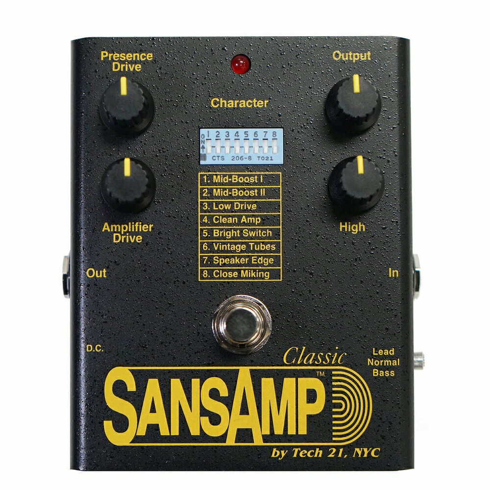 Tech21 SansAmp Classic は、エレクトリック楽器用プリアンプ/シミュレーションペダルの原点ともいえる名機です。30年以上にわたって世界中のプレイヤー、プロスタジオ、ツアーなどで愛用され、数多くのメジャーリリース作品でも使用されてきました。2016年の生産休止後も人気は衰えず、2021年に復刻され、現在もアメリカ製アナログ設計を維持しています。 オリジナル設計のSansAmpは、真空管アンプの温かく豊かなトーンをオールアナログで再現しつつ、よりクリーンで柔軟性の高いサウンドを提供します。ギターやベースはもちろん、さまざまな音源にも対応する汎用性の高さが特長です。 本機は8つのCharacterスイッチを備え、トーン、倍音、ダイナミクスといった細かなサウンドニュアンスを調整可能。さらに、3ポジションのInputスイッチでプリアンプスタイルを切り替えられます。 ・Lead（Marshallスタイル） ・Normal（Mesa Boogieスタイル） ・Bass（Fenderスタイル） といったキャラクターを自在に選べ、リズム・ギターやベースでも幅広く活躍します。 また内蔵のスピーカー/キャビネットシミュレーションにより、PAやレコーディング環境でも存在感のある音作りが可能です。各ノブでプリアンプ、パワーアンプ、出力、EQを細かくコントロールでき、外部EQとの組み合わせにも優れたフラット出力設計となっています。 SansAmp Classicは、その歴史的背景とサウンドの幅広さから、今なお多くのミュージシャンに支持される業界標準のアナログプリアンプペダルです。 ※本製品はDCアダプターは付属しておりません。別途、DCアダプター KACA-1などをお買い求めください。 ==================================================== [SPECS] 製品サイズ ※スイッチ、ノブを含む：100 x 118 x 52mm 製品重量：320g 入力端子：1/4” TS PHONE 入力インピーダンス：4.7MΩ 出力端子：1/4” TS PHONE OUT（バッファード） 出力インピーダンス：1kΩ コントロール：OUTPUT LEVEL、AMPLIFIER DRIVE、PRESENCE DRIVE、HIGH INPUTスイッチ：LEAD/マーシャルスタイル、NORMAL/メサブギースタイル、BASS/フェンダースタイル キャラクターコントロールスイッチ：MID-BOOST I、MID-BOOST II、LOW DRIVE、CLEAN AMP、 　　　　　　　　　　　　　　　　　BRIGHT SWITCH、VINTAGE TUBES、SPEAKER EDGE、CLOSE MIKING 電源/消費電流：DC9V（φ2.1mmセンターマイナス）/ 100mA（別売）or 006P/9V電池（別売） パッケージサイズ：14.5 x 10.2 x 5.7cm 総重量（パッケージを含む）：0.39kg 生産国：アメリカ ==================================================== 【TECH21 （テック21）】 TECH21といえば名機BASS DRIVER DIが瞬時に思い浮かぶがこれだけにとどまらずTECH21はギター関連アイテムにも徹底的に拘ります。TECH21の勢いは止まらず、今も尚、様々な革新的アイテムを生み出し続けています。 ※当商品は通信販売に限りご用意が可能でございます。実店舗での実機確認・試奏はお受け出来ませんので予めご了承ください。 ※掲載画像はサンプルになります。実際にお届けする商品とは色味や木目が異なる場合がございますのでご了承ください。 お問い合わせ:03-3259-0031　
