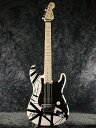 Fender Musical Instruments Corporation（FMIC）傘下のもと、アンプやギター本体の生産がなされるEVHブランド!! 5150 III Ampが発売した2010年当時、まさかFenderと組むとは!!とNAMM Showで驚いたことを鮮明に思い出しますが、今回入荷のStriped Seriesは誰もが一度は目にしたことがあるであろう伝説のギターを普及価格帯で復刻したもの。 バスウッド・ボディにダイレクト・マウントされたリアPU一発の'80s仕様。伝統のスタイルと言えるスペックです。 コントロール系統はボリュームのみ（エディと同様に、"トーン" ノブが取り付けられています。）ですが、実は意外と幅広い音作りが出来る印象です。 搭載されたWolfgang Humbucking PUは高い出力を誇るピックアップですが、ボリュームを絞ることで繊細なクリーン・サウンドを作ることも可能。ハムバッカーでありがちな、小音量でコモってしまうストレスはあまり感じないと言えます!! また、激しく歪ませた際のボリュームの追従性も良く、ハード・ディストーション〜クランチまでを手元で操ることが出来ます。これは感激です!! また、ボリューム・ポットを回す際のトルク感も非常に軽くスムーズで、滑らかなボリューム奏法を実現しています!! オイル・フィニッシュにて仕上げられたネック・グリップは適度な薄さと幅を感じる "D" シェイプに近い形状となっており、速弾きにもってこいなグリップとなっています。 ただ、普段フェンダーを弾いている方にとっても決して嫌味ではなく、自然に持ち替えることが出来るシェイプと思います。 指板面はローポジションからハイポジションにかけて指板アールが変化してゆくコンパウンド・ラディアスを採用。 ローポジションでは12" Radius , ハイポジションでは16" Radiusと、近年ではハイエンド・ギターメーカーでも積極的に採用されているスペックが導入されています!! ジャンボ・フレットが打たれた22F仕様ということも相俟って、軽快なリフ・ワークからアクロバティックなリード弾きまでストレスなく演奏して頂けます!! ブリッジ・ユニットにはEVHブランドのフロイドローズ・トレモロを採用。もちろん、Dチューナー付きです!! 演奏中に一瞬で6弦をドロップ出来るこの機構は、現在でもなお人気の高い革新的なスペックであると言えます!! その他、トラスロッド調整をネック・エンドから行なえるホイール・ロッドを採用。演奏性に直接関わるポイントではございませんが、コンディションをこまめに調整することが出来るグッド・スペックですね。 生産国に関しては、国内正規代理店様に未確認の為ここでの言及を控えさせて頂きますが、判明次第改めて追記させて頂きます。 ホワイト・カラーの本器のみ、ピックガード仕様となっています。やはりこのルックスが格好良い!! 担当者（わたし）も思わず心が揺れてしまう一本です。 次回入荷未定です!! どうぞお見逃しのないようお願い致します!! Spec. Body : Basswood , Gloss Finish Neck : Maple , Hand-Rubbed Oil Finish Fingerboard : Maple , 12" ~ 16" Compound Radius , Jumbo Frets , 22F Pickups : Wolfgang OEM PU Control : Master Volume with "Tone" Knob Bridge：EVH Branded Floyd Rose Locking Tremolo with EVH D-Tuna Strings : .009-.042 Gauges 付属品:ギグバッグ、正規保証書 お問い合わせフリーダイヤル:0120-37-9630　