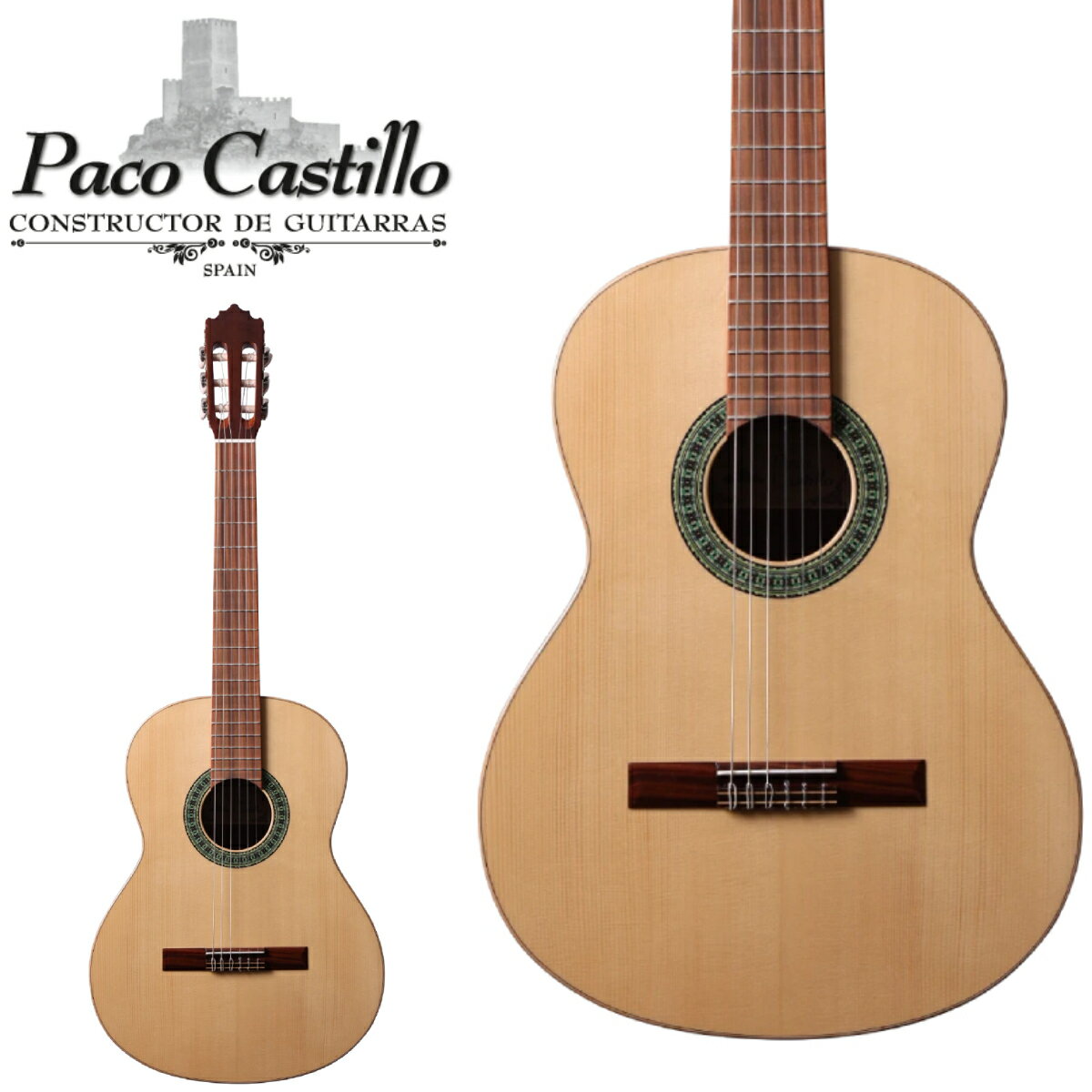【Paco Castillo】 スペインのブランド、クエンカの工房で製作を行っていたJaime Julia（ハイメ・フリア）氏が2009年に独立して立ち上げた新しいブランド。クラシックギター、フラメンコギター、エレガットなど多様性のあるモデルのギターを高いコストパフォーマンスで製作しています。 【パコ・カスティージョが入門者ユーザーに選ばれる理由】 ●ネックがやや薄め、弦高も出荷時から少し低めに調整されており、とても弾きやすい！ ●入門モデルながらしっかりした音量があり、鳴らしやすい！ソロ演奏はもちろん、学生サークルなどのギター合奏にもぴったり！ ●しっかりしたつくりで、トラブルなど少なく頑丈に出来ている！ 《MODEL: 201》 リーズナブルながらしっかりした箱鳴りを実現したモデル。合奏にも適しています。 ◯Spec ・表板 / 松単板 or 杉単板 ・横・裏板 / サペリ /_/_/_/♪出荷前調整ご要望承ります♪_/_/_/_/ ギタープラネットではご注文頂いた商品は 新品中古問わず検品・調整してから出荷致します。 弦高など細かなセッティング等、お好みに 合わせて調整も可能ですで、お気兼ねなく お申し付けくださいませ。 /_/_/_/_/_/_/_/_/_/_/_/_/_/_/_/_/_/_/_/_/_/ ※当商品は通信販売に限りご用意が可能でございます。実店舗での実機確認・試奏はお受け出来ませんので予めご了承ください。 ※掲載画像はサンプルになります。実際にお届けする商品とは色味や木目が異なる場合がございますのでご了承ください。 お問い合わせダイヤル：03-3259-0031