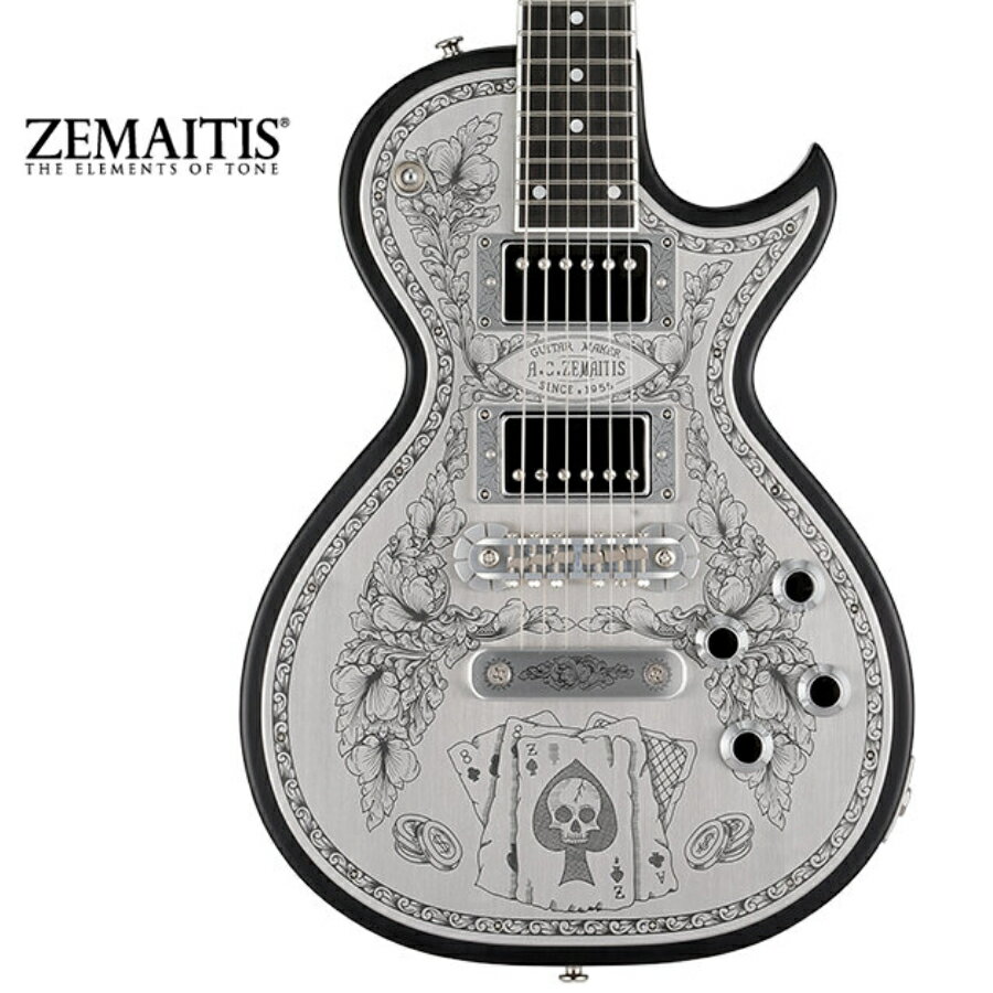 ゼマイティス最高級モデルの生産工場と同じ工場で製作した、ハイグレードなモデル!! 英国発祥のゼマイティスらしさや伝統的なデザインを前面に出ししつつ、最前線でプレイするギタリストやギター・テクニシャンたちへの徹底的なヒヤリングを重ね、現代のプレイヤーが求める要素を注入したモデルに仕上がっています。 ウェストのくびれが大きいシングル・カッタウェイのボディー・スタイルで、ボディーとネックに厳選されたアフリカン・マホガニー、フィンガーボードはエボニーを使用、635mmのスケールで、セット・ネック・ジョイント、ミディアム・サイズの24フレット仕様で、ブリッジ後方に「Dragon & Heart」のデザインを採り入れたモデルです。 「ドラゴン」と「ハート」という別々のモチーフを昔の映画のタイトルからヒントを得て、組み合わせて生まれたデザインです。 ゼマイティス・オリジナルのアルミ合金を使用したブリッジ＆テイルピースを搭載し、ゼマイティス独自のトーンを生み出しています。 同様にアルミ合金を用いたヘッドのダイアモンド・エンブレム、トラスロッド・カバー、テイルピースやピックアップ・リングをはじめ、アウトプット・ジャック・プレート、コントロール&スイッチ・バック・プレートに至るまで彫金を施しています。 ピックアップは、メタル・カバード・タイプのDragon Classicハムバッカーを2基搭載、コントロールは定評のあるCTSポットを使用し、各ピックアップ・ヴォリュームと各ピックアップ・トーンのレイアウトです。 スイッチクラフト製の3ウェイ・ピックアップ・セレクター・スイッチを備え、トーンのキャパシターはオレンジ・ドロップを使用しています。 さらに信頼性の高いゴトー製のチューナーを使用しています。 フィニッシュはラッカーを使用。カラーはブラックです。 【SPEC】 Body Top : Duralumin Body Back : Select African Mahogany Neck : Select African Mahogany Neck Joint : Set Neck Nut Width : 43mm (1-11/16") Nut : Bone Fingerboard : Bound Ebony Scale : 635mm (25") Frets : 24 Medium Neck Pickup : Dragon Classic Neck Bridge Pickup : Dragon Classic Bridge Radius : 305mm (12") Controls : 2 volume, 2 tone, 3-way toggle Tuners : Gotoh SG301-01-Chrome Finish : Lacquer Protection : Hard Shell Case Strings : Nickel Plated Steel (.010, .013, .017, .026, .036, .046) Color : Black 付属品：純正ハードケース、正規保証書 /_/_/_/♪出荷前調整のご要望承ります♪_/_/_/_/ ギタープラネットではご注文頂いた商品は 新品中古問わず検品・調整してから出荷致します。 弦高などの細かなセッティング等、お好みに 合わせての調整も可能ですので、お気兼ねなく お申し付けくださいませ。 /_/_/_/_/_/_/_/_/_/_/_/_/_/_/_/_/_/_/_/_/_/_ お問い合わせ:03-3259-0031 ※当商品は通信販売に限りご用意が可能でございます。実店舗での実機確認・試奏はお受け出来ませんので予めご了承ください。 ※掲載画像はサンプルになります。実際にお届けする商品とは色味や木目が異なる場合がございますのでご了承ください。　