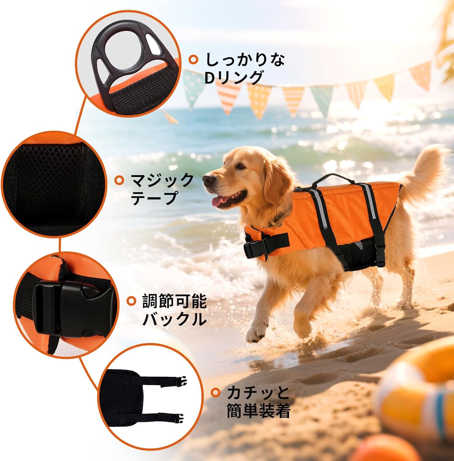 gullasioのライフ 犬 犬 ライフ 小型犬 中型犬 大型犬 高浮力素材 反射テープ 着脱簡単 防水 ハーネス付き 水遊び 浮き輪 プール オレンジ XXS XXS オレンジ｜アングル2