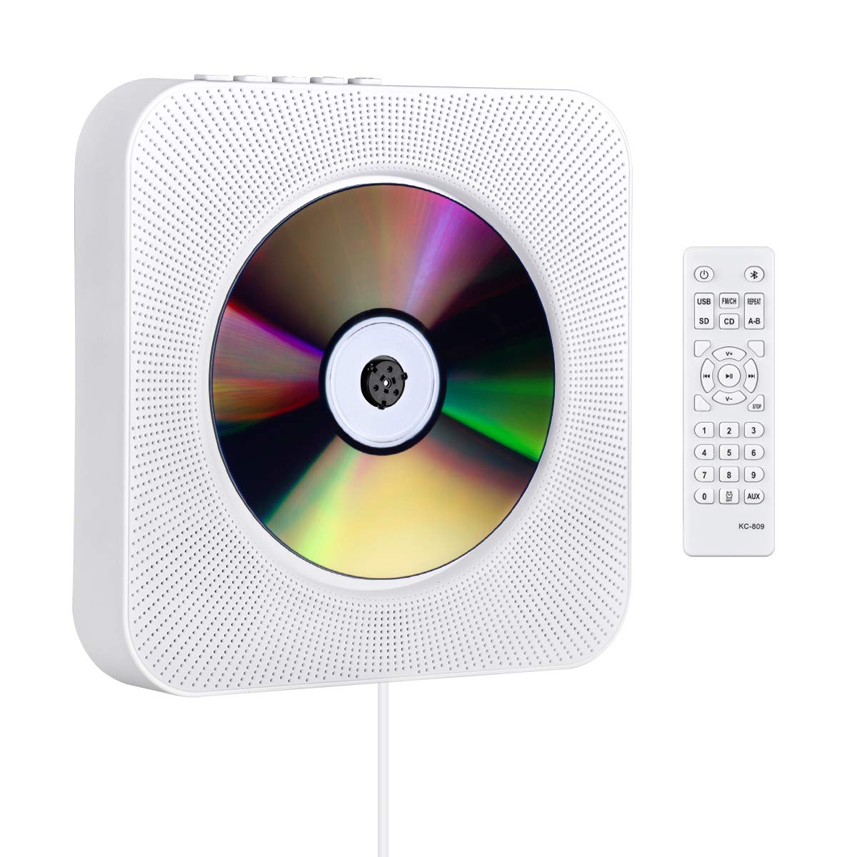 商品の特徴「1台多役のCDプレーヤー」プルスイッチ式なので、電源ケーブルを引っ張るだけでパワーオン/オフできます。記憶再生機能がありますので、CDを再度再生すると、前回の停止位置から再生が始まり、始めから再生の悩みがなくなります。音楽放送のほかに、76KHz-90MHzの周波数に対応するFMラジオ機能がありますので、実用的なラジオとしても使えます。Bluetoothを搭載しており、スマホなどのデバイスと接続することで、他のデバイスの音楽もCDプレーヤーで再生できます。USBもサポートしているので、CDディスク以外の音楽も楽しむことができます。Blueモード/CDモード/USBモードを手軽に選択できます。bluetooth使用のご注意:(1)CDプレーヤーをbluetoothデバイスを接続する時に、途切れなどを避けるために、信号無妨害のところでご使用してください。(2)本製品はBluetooth送信機であり、Bluetoothレシーバーでは。Bluetoothスピーカー、Bluetoothイヤホンなどに接続できません「置き&amp;壁掛け式と新バージョンのリモコン」壁掛け式なので、付属するウォールマウントキットおよびプレートで、お部屋のどこにでも設置することができます。さらに、デスクスタンドも付属しているので、卓上に置いて使用することも可能です。新バージョンのリモコンは、旧バージョンに比べてボタンの押し心地がよく、ボタンのレイアウトが適切でより手にフィットし、認識範囲も広がりました。再生のご注意:1、CD再生する前に、CDモードに切り替えてください。2、ひび割れや変形、修復したCDディスクは使用しないでください。3、本製品はCD,CD-R,CD-RW,MP3,WMAなどのファイル対応しかできません。本製品に対応するCDディスクをご使用ください。4、CDディスクのファイルのフォーマットと完全性をご確認ください。不完全な音楽ファイルは再生できません。ご了承ください。5、CDを入れた後、約15~20秒で音が出ます。ご了承ください「LEDディスプレイと際立ったデザイン」壁掛け式CDプレーヤーには、LEDディスプレイが付きました。すべての機能がLEDディスプレイに表示されるので分かりやすくて大変便利です。例えば、CDモードは“CD”、Blueモードは"blue”、Micro SDモードは“SD”アイコンが表示されます。高級感が溢れるオシャレで人目を引くデザインはインテリアとしても最適です。ご注文:該当の壁掛けcdプレーヤーは透明蓋が付いておりません。ご了承ください。「多彩なファイル形式に対応」CD,CD-R,CD-RW,MP3,WMAなどのフォーマットに対応した幅広く使えるコンパクト音楽CDプレーヤーです。Hi-Fi高音質スピーカー内蔵で立体的なミュージックが再生できます。リモコン付きだから6mの範囲内で楽々簡単に操作できます。電源入れのご注意:1、本製品はプルスイッチ式なので、電源を入れて電源ケーブルを引っ張るとパワーオン/オフできます。2、電源接続不良を避けるために、本製品をご使用する前に、電源ケーブルを電源アダプターに完全に差し込んでください。「様々な場面に適用」子供の語学学習や、成人のストレス解消にも役に立ちます。幼児教育と胎児教育、出産前教育、誕生祝い、結婚祝い、新築祝い、開店祝いなどの素敵な贈り物として良いです。防災ラジオとしても使えるので、一台だけでご日常生活に大活躍です。