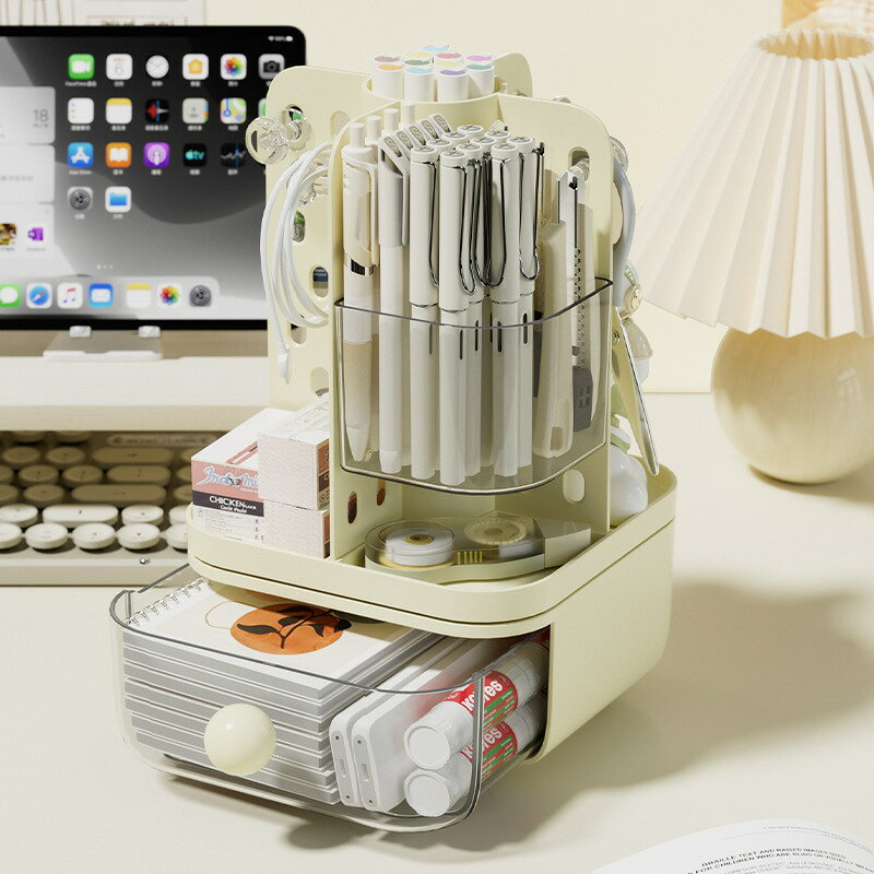 卓上収納ボックス 回転 穴あきボード ペン立て 引出し 透明 文房具 はさみ マステ 付箋 収納 デスクオーガナイザー リビング 勉強机 リモートワーク 省スペース おしゃれ クリーム色 gullasio-10003725 gullasio サンプル画像3
