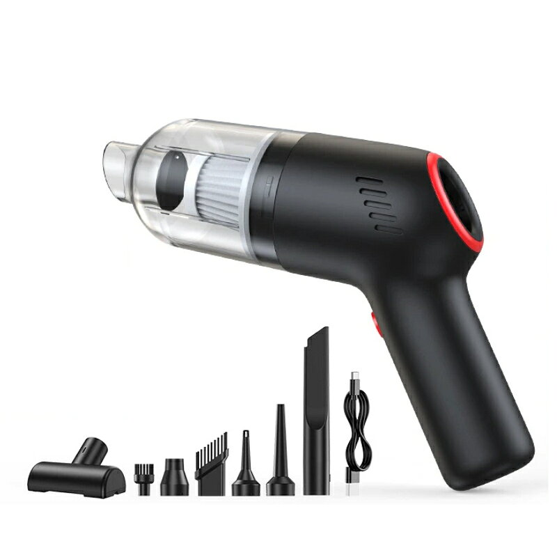 商品名：4in1 ワイヤレスハンディクリーナー吸引力：約 6500Pa連続使用時間：約 17 分定格出力：55W外装素材：ABS 樹脂騒音：90dB 以下充電時間：約 3.5 時間カラー：ホワイトゴールド / ブルーゴールド / ブラックレッドフィルター：水洗い可能な環境配慮フィルター（紙製フィルター）電池：2000mAh×2ダストカップ容量：120mL充電端子：Type-C本体寸法：275×72×71mm本体重量：365g使用場所：車内、室内、オフィス、アウトドア吸引送風真空引きの 4 つの機能を搭載した多機能コードレスハンディクリーナーです。約 6500Pa の吸引力で砂ぼこり、食べカス、ペットの毛をしっかりキャッチ。送風機能はキーボード、窓の溝、車のエアコン吹き出し口の細かいホコリを吹き飛ばすのに便利。抽気ノズルを付け替えれば衣類圧縮袋の空気抜きも可能です。