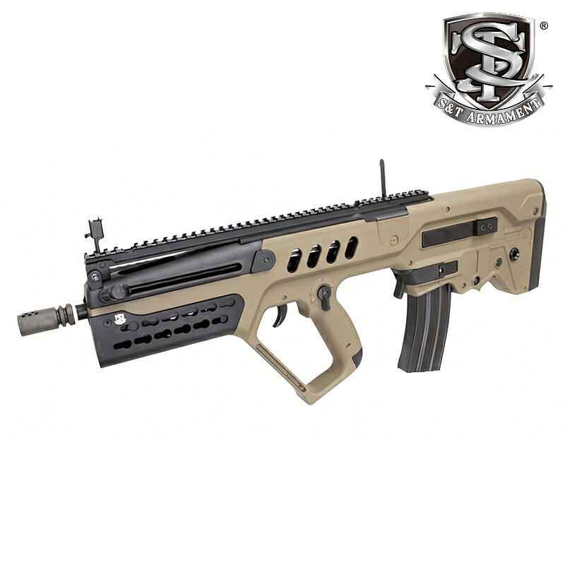 S&T タボール21 Pro Ver.ブローバック BKは、樹脂製フレームにアルミアウターバレル／ハイダーを組み合わせ、ブローバックとボルトロックシステムを搭載しています。 金属製のトップ／サイドレールと前後サイト、精密インナーバレル、8mmベアリングギアーボックス、HopUp機能を備えています。 全長は約656mm、重量は約2,450g。バッテリーはフロント収納方式でミニバッテリーに対応し、300連M4マガジンが付属します。 【商品仕様】 メーカー：S&T 材質：樹脂製フレーム、アルミアウターバレル・ハイダー 全長：約656mm 重量：約2,450g 装弾数：300連 M4マガジン（ゼンマイ給弾式） 対応バッテリー：ミニバッテリー（別売り） コネクター：ミニ HopUp：搭載 その他：ブローバック、ボルトロックシステム、金属トップ・サイドレール、金属製前後サイト、精密インナーバレル、8mmベアリングギアーボックス、ハイダー14mm正ネジ 【このセットのポイント】 ・IWIタイプ フラッシュハイダー 2"付き ・TAVOR用フラットトップレール KIT付き ・TAVOR KEYMODタイプ ハンドガード ショートBK付き