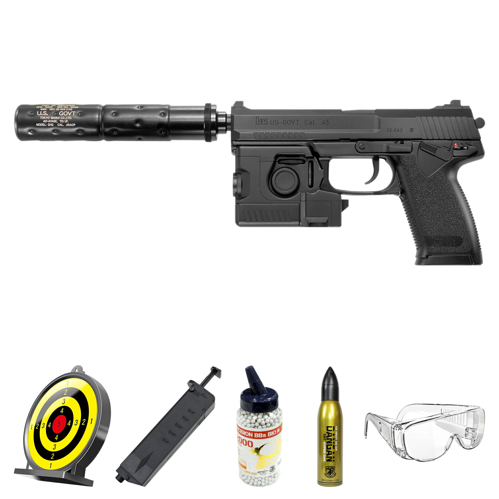 「東京マルイ 固定スライドガスガン SOCOM Mk23 フルセット No.13」に、BB弾、ガス、BBローダー、ゴーグルとS2S　粘着ソフトターゲット HITSくん　ST-004を組み合わせたセットです。 【本体】 商品名：東京マルイ 固定スライドガスガン SOCOM Mk23 フルセット No.13 型番：TMGGK01 数量：1 【セット内容】 商品名：NEW PRECISION BBs BIO弾 0.2g 約2000発 型番：NSTBBB020S 数量：1 商品名：S&T ダンガン ハイパーガス 200ml 型番：STGAS01 数量：1 商品名：S2S　粘着ソフトターゲット HITSくん　ST-004 型番：S2SST004 数量：1 商品名：S&T 6mm BBローダー(小) 型番：STBL003S 数量：1 商品名：TBS Goggle Limpid and Clean len 型番：TBSHG01CL 数量：1 【商品説明】 東京マルイ 固定スライドガスガン SOCOM Mk23 フルセット No.13です。ファンの中では伝説の名銃と呼ばれるソーコム マーク23の初期型を、サイレンサーやL.A.M.（=ライト・アタッチメント・モジュール）とともにガスガンのフルセットとしてラインナップ。 【商品仕様】 メーカー：東京マルイ 全長：245 mm / 427 mm（サイレンサー装着時） 銃身長：133 mm 重量：850 g（空マガジン含む）/ 1,200 g（フル装備時） 弾丸：6mm BB（0.2〜0.25g） 動力源：HFC134aガス 装弾数：28 + 1 発（1発は本体に装填した場合） 可変ホップアップシステム 搭載 セミオート（単発）発射のみ