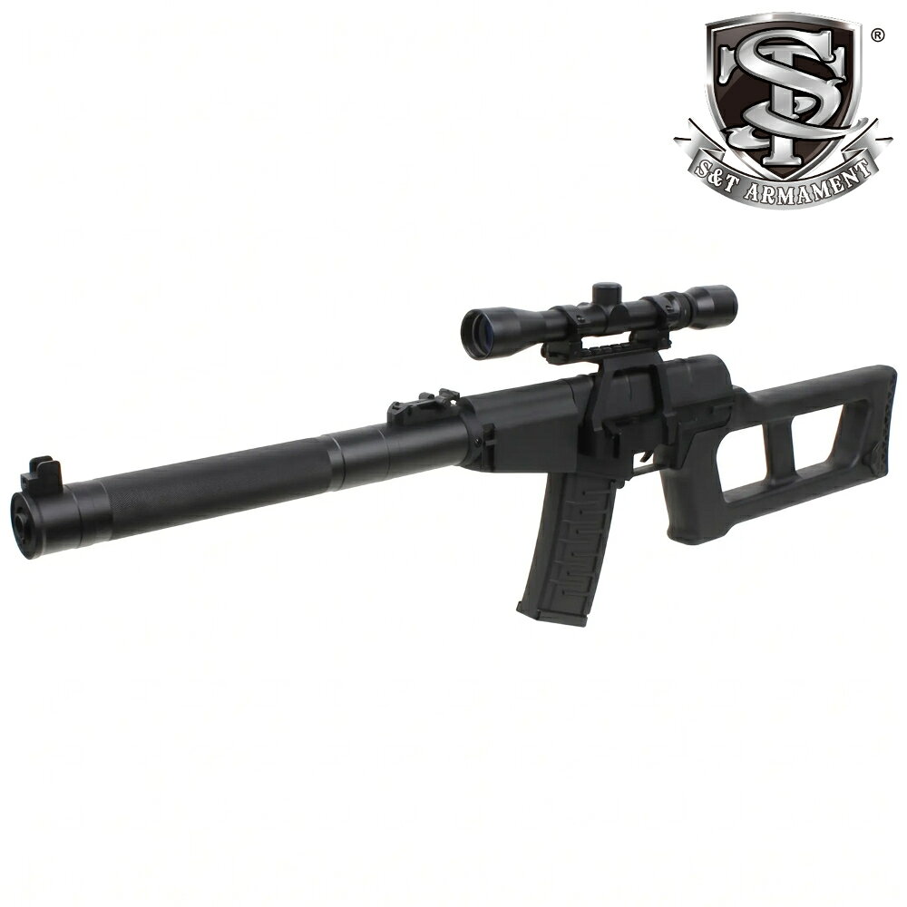 商品詳細 ロシア特殊部隊（スペツナズ）が誇る消音狙撃銃「VSS」を、長距離照準仕様にコンプリート！ 大型サイレンサー一体型の異彩を放つ「VSS フルメタル電動ガン」に、専用サイドマウントレールと3?9倍可変ズームライフルスコープをセットにした実戦派狙撃パッケージです。 本来光学機器の搭載が難しいAK/VSS系レシーバーに、専用のサイドマウントレールを介することで20mmピカティニー規格のライフルスコープを強固にマウント。 中距離から長距離まで幅広くターゲットを捕らえる「3-9×32mmスコープ」により、隠密潜伏からの精密射撃を可能にします。届いてすぐに本格的な狙撃手（スナイパー）としてサバゲーに投入できる贅沢な3点セットです。 セット内容 ・ S&T VSS フルメタル電動ガン BK重厚なフルメタル＆スナイパーストック： レシーバーや特徴的な大型サイレンサーには金属パーツを採用し、圧倒的な重量感と堅牢さを確保。独特なデザインのスケルトンストックも忠実に再現しています。 安定した実射性能： バッテリーは大型サイレンサー内部に収納可能。ロングバレルによる優れた集弾性を誇り、電動ガンならではの安定した連続射撃が可能です。 ・ S&T VSS/AS-Valシリーズ用 サイドマウントレール BK VSS/AS-Val専用設計： サイドマウントベースへスライド固定する専用マウントレール。レシーバー上部に20mmピカティニーレールを増設し、大型のスコープでも傾くことなく最適な位置へしっかりと固定できます。 ・ 3-9x32mm ライフルスコープ BK (M40) 可変倍率で遠距離ターゲットを完全補獲： 3倍から9倍まで倍率を変更できる可変ズーム機能を搭載。対物レンズ径32mmの明るくクリアな視界により、ブッシュ（草むら）の奥に潜む敵や、遠方のターゲットを的確に見極めて狙撃することができます。 全長約：943mm 重量約：2,740g（本体のみ） 射撃モード：セーフティ / セミオート / フルオート 使用バッテリー：セパレートバッテリー（サイレンサー内部収納） スコープ倍率：3?9倍（可変ズーム） 対物レンズ径：32mm