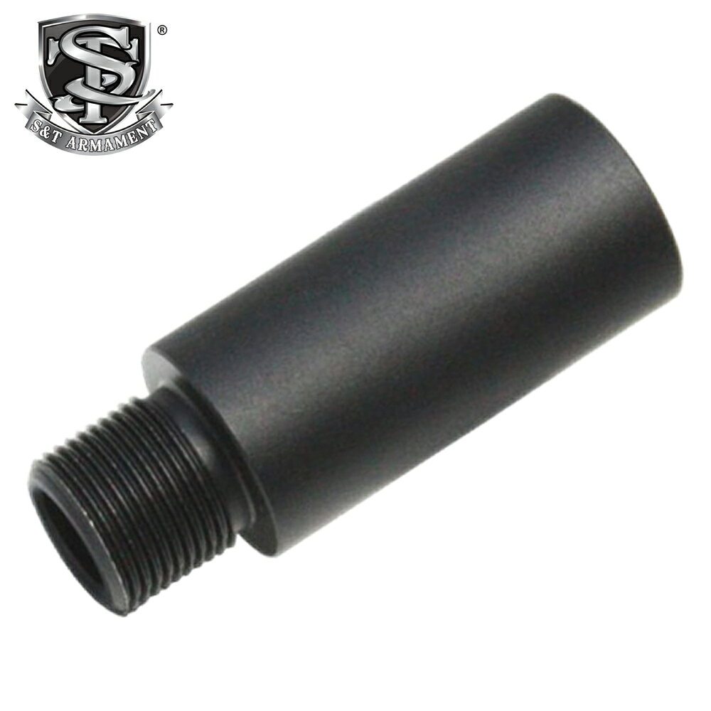 商品詳細 ・メーカー：S&T ・材質：アルミ合金 ・重量：約59g ・サイズ：全長:約114mm、全幅:約18.7mm ・対応：14mm正ネジを搭載した本体、銃口側14mm正ネジ対応 14mm仕様のアウターバレルに取り付けることができる4インチのバレルエクステンションになります。（約101.6mm延長） 対応するサイレンサー、フラッシュハイダーなどを装着することができます。 ※取り付けには加工、調整が必要な場合がございます。 ※製造ロットによって、色合いと厚みが違う場合があります。