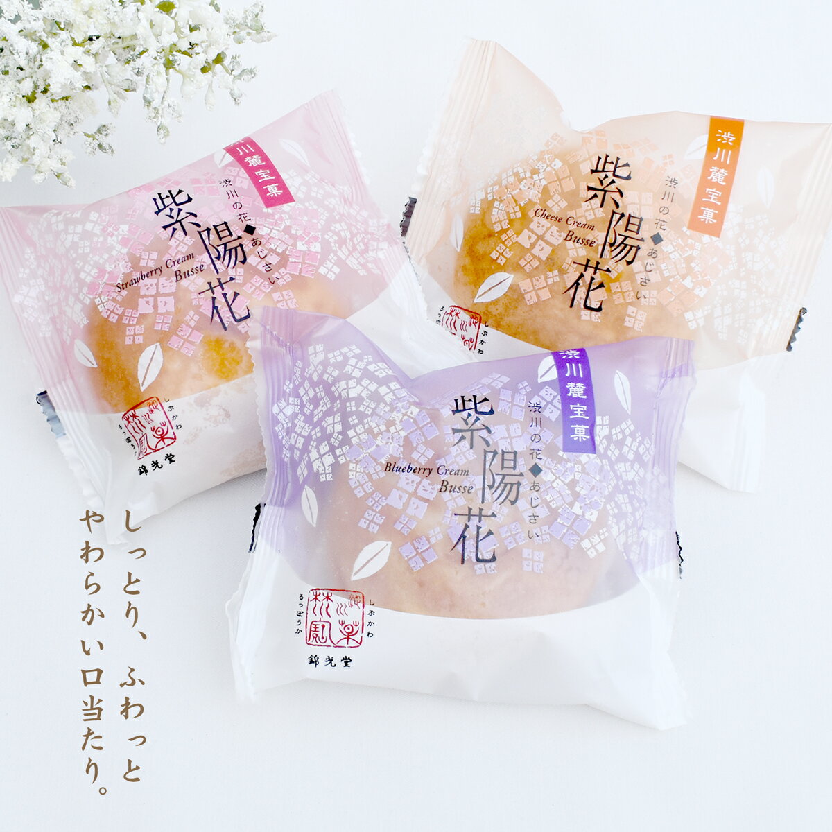 明治32年創業 【錦光堂】 和菓子屋さんのブッセ 「紫陽花」 8個入り（ チーズ×2 イチゴ×3 ブルーベリー×3） 12個入り（ チーズ×4 イチゴ×4 ブルーベリー×4） 賞味期限：4月～10月 製造日から1週間 　　　　　11月～3月 製造日から10日 ※（夏季要冷蔵品） 渋川市の花、あじさいをイメージした、ふわっふわのブッセ。 チーズ、イチゴ、ブルーベリーの三種類のクリームをサンドしました。 「検索ワード」ぐんまちゃんこがねいも 白あん 紫芋あん 白いんげん豆 シナモン 桂皮末 シナモンパウダー 餡 小豆 あずき あんこ 饅頭 まんじゅう ぐんまちゃん おやつ 和菓子 名菓 お菓子 お土産 手土産 お返し スイーツ 取り寄せ お菓子 和スイーツ お茶請け 老舗 和菓子屋 錦光堂 上州名菓 渋川名物 敬老の日 母の日 父の日 母の日ギフト 父の日ギフト プレゼント 母 母親 父 父親 40代 50代 60代 70代 80代 挨拶 お返し お祝 結婚祝い 内祝 お中元 お歳暮 お年賀 ギフト明治32年創業。 創業以来、お客さまに愛され続ける 老舗和菓子店 きんこうどう 渋川名物【 こがねいも 】で親しまれております。 ----------------　錦光堂のおいしいお菓子　---------------- 「検索ワード」ぐんまちゃん こがねいも 白あん 紫芋あん シナモン 桂皮末どら焼き パンケーキ カステラ ブッセ 生どら焼き 生どら 餡 小豆 あずき あんこ 饅頭 まんじゅう おやつ 和菓子 名菓 お菓子 お土産 手土産 お返し スイーツ 取り寄せ お菓子 和スイーツ お茶請け 老舗 和菓子屋 錦光堂 上州名菓 渋川名物 敬老の日 母の日 父の日 母の日ギフト 父の日ギフト プレゼント 母 母親 父 父親 40代 50代 60代 70代 80代 挨拶 お返し お祝 結婚祝い 内祝 お中元 お歳暮 お年賀 ギフト