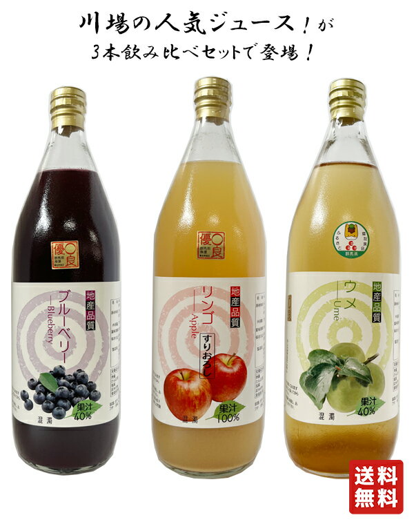 送料無料【川場村農産加工株式会社 ジュース詰合せ 3本 1000ml】バレンタイン バレンタインデー ブルーベリージュース うめ ウメジュース りんごジュース リンゴジュース りんご 健康 川場 プレゼント ギフト 飲み比べ 群馬 贈り物 内祝い 美容 誕生日