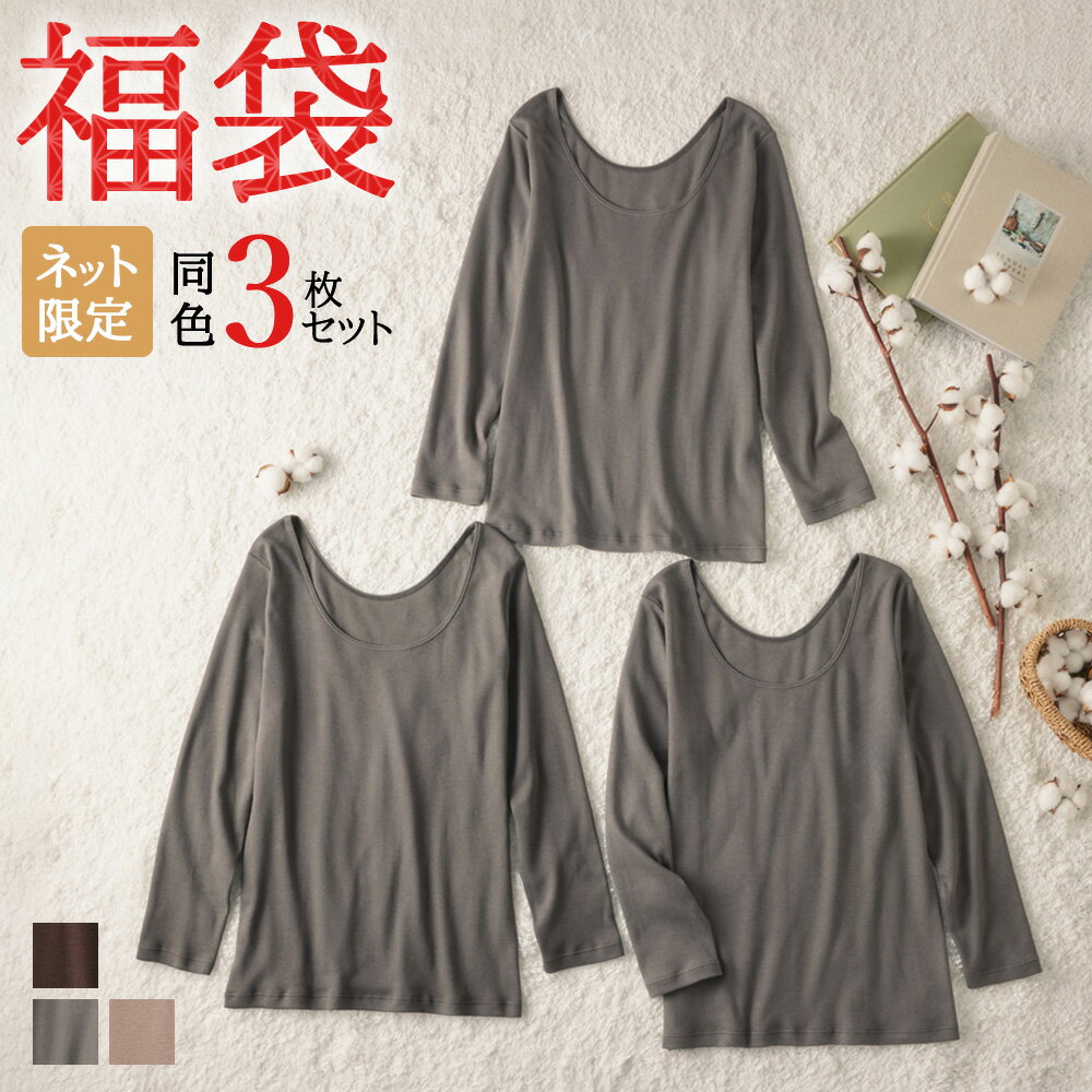 福袋 2025年 グンゼ あったかインナー 冬 綿100% 長袖 襟あき広め 3枚セット 裏起毛 日本製 深あき 肩開き 深開き 保温 防寒 保湿加工 GUNZE theGUNZE FK25L007 M L LLのサムネイル