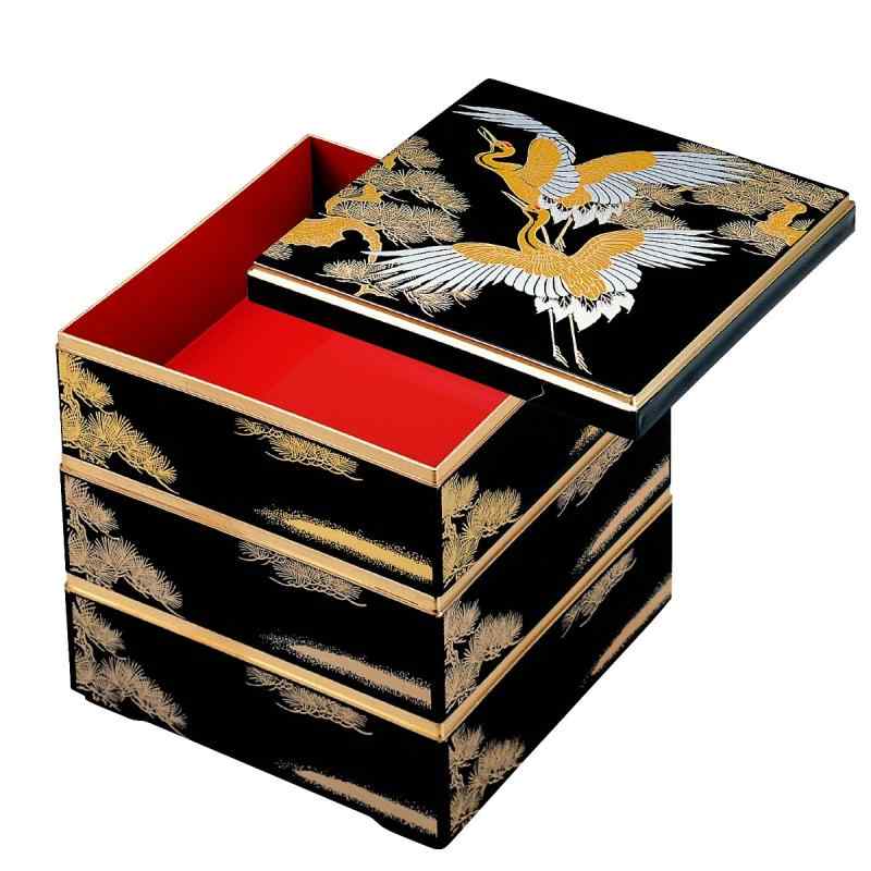 若泉漆器 3段重箱 6.5寸 校倉重 黒内朱塗松鶴金線 H-158-3-A