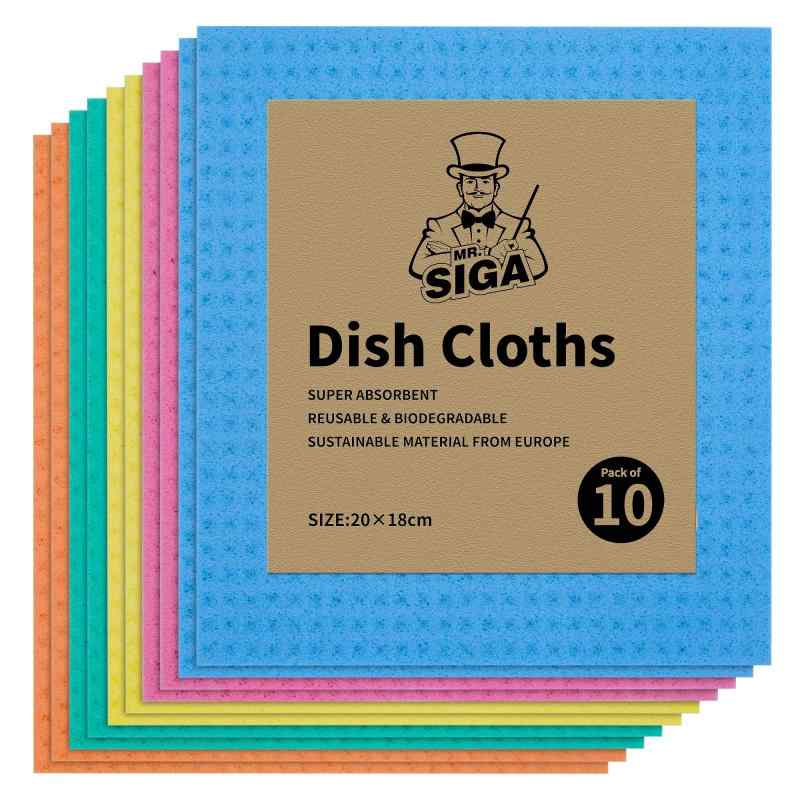MR.SIGA 再利用可能な 食器拭きタオル、キッチン用セルローススポンジクロス、強力吸水、マルチカラー（計10枚入り）