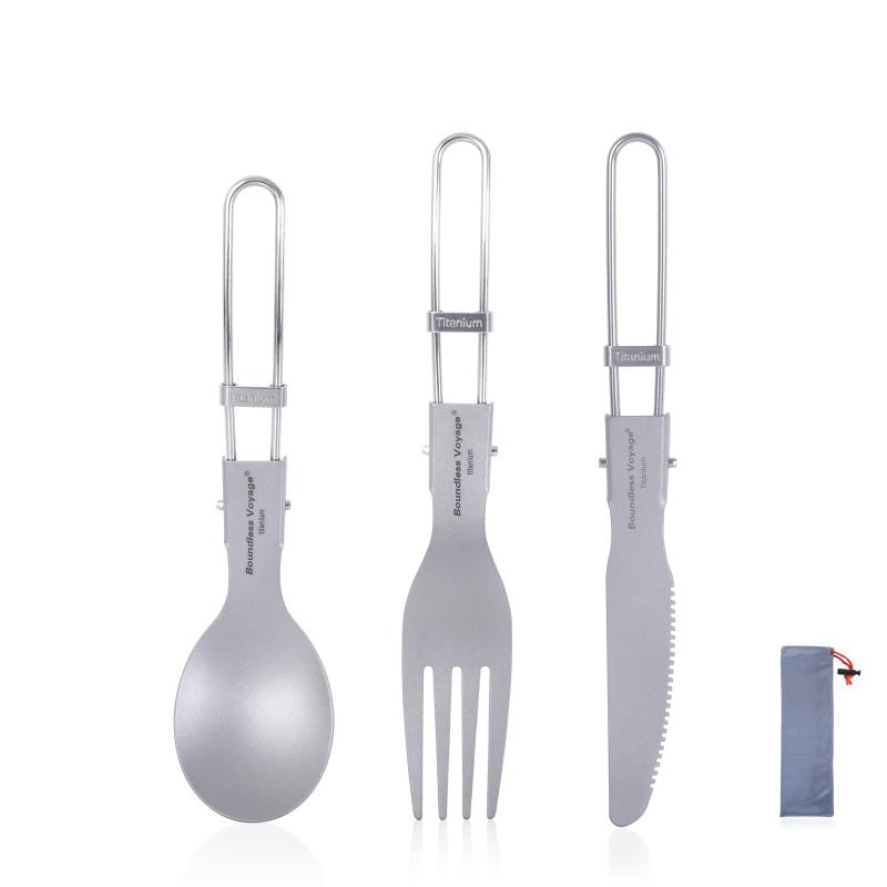 Boundless Voyage チタン スプーン フォーク ナイフ 箸 折りたたみ 超軽量 錆びない アウトドア キャンプ カトラリー 食器 ピクニック バーベキュー 収納袋付き (スプーン/フォーク/ナイフ)Ti1122T